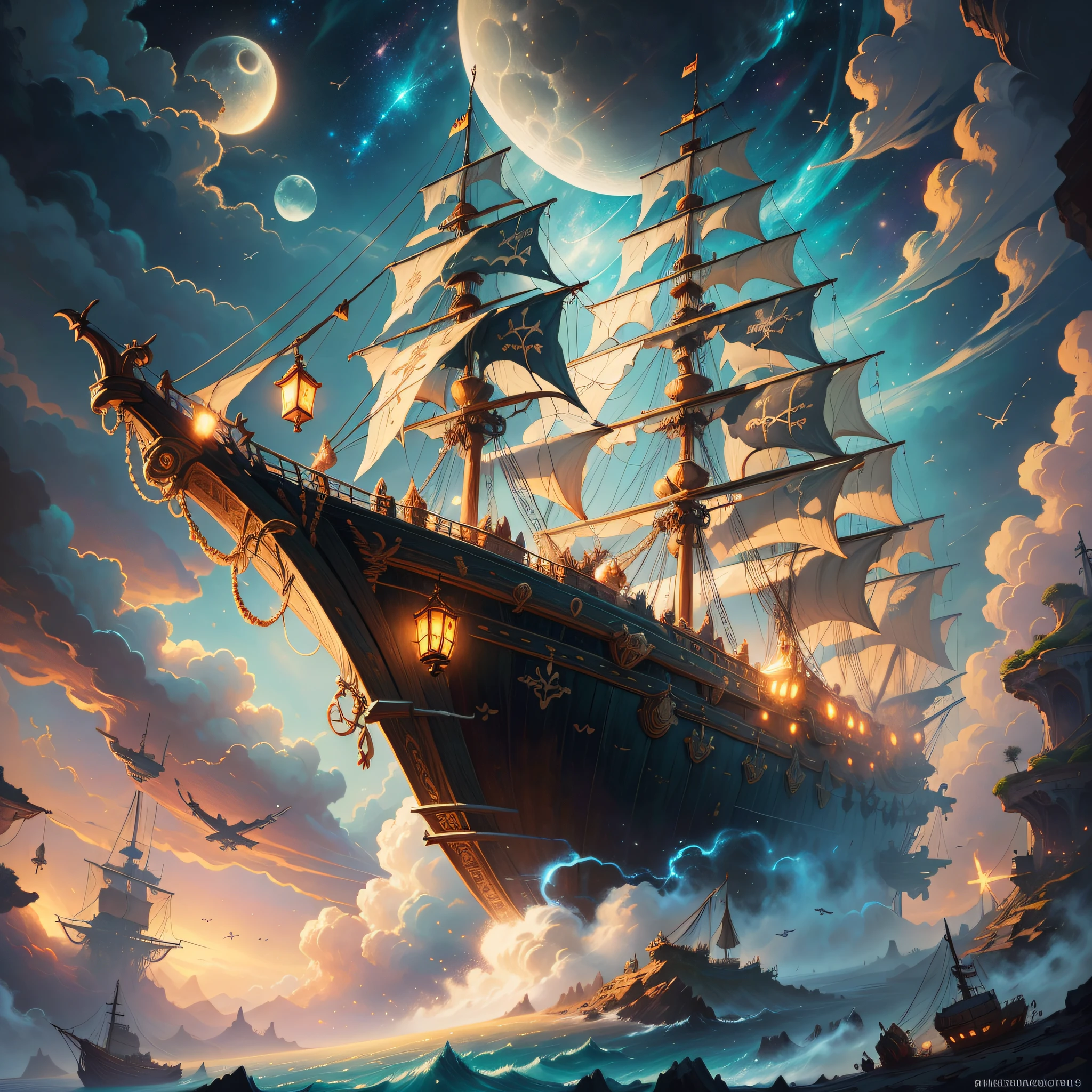 A painting of a flying pirate ship surrounded by small fairies, clouds, moon, stars in the background, fantasy, highly detailed digital art in 4K, high quality detailed art in 8k, in the style of Cyril Rolando, detailed fantasy digital art, epic fantasy science fiction illustration, amazing wallpaper, inspired by Gaston Bussiere --auto --s2