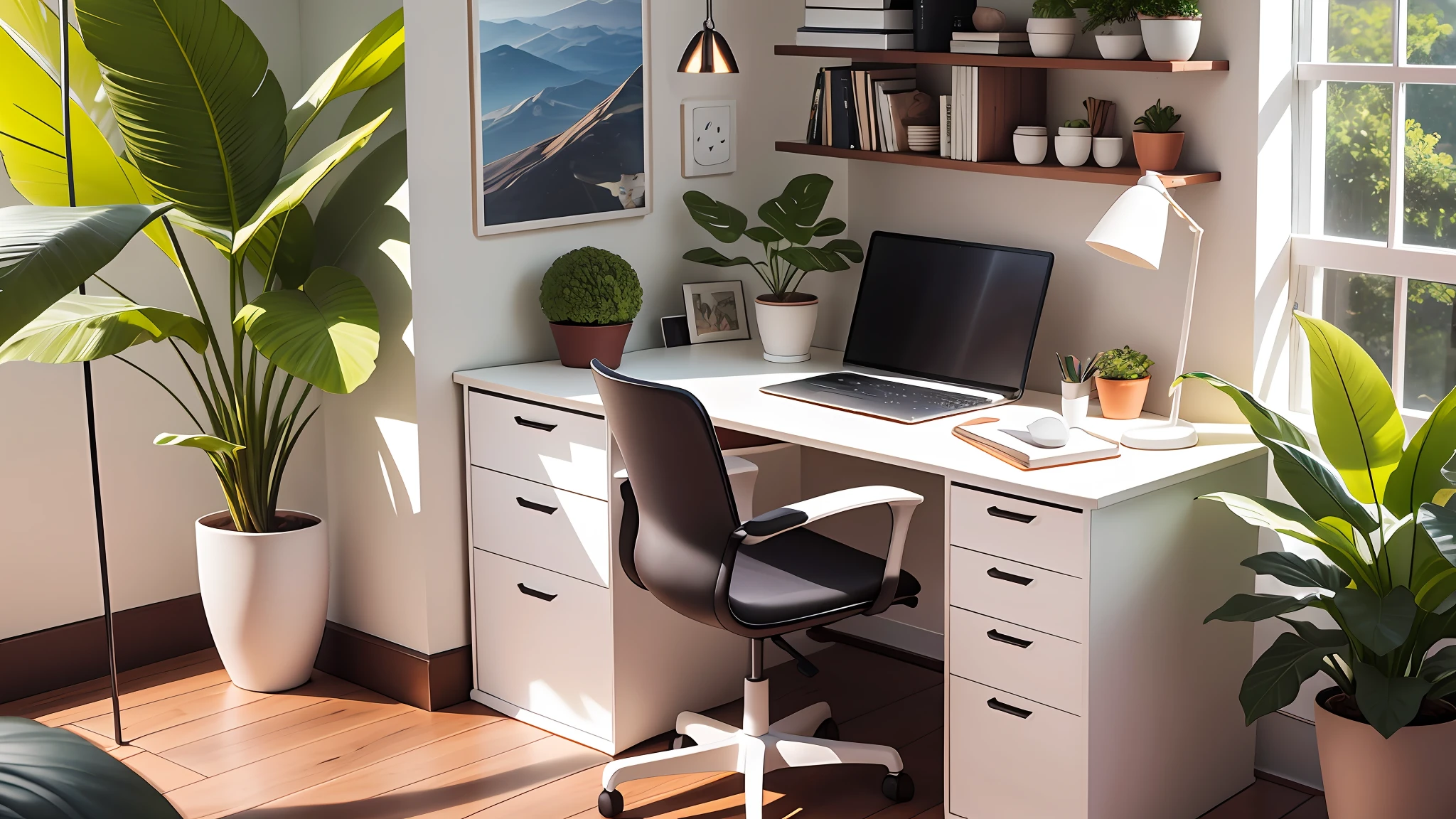 A luminous workspace adorned with a height-adjustable desk featuring a dark walnut top and sleek white legs, accompanied by a verdant potted plant and state-of-the-art laptop computer, all while being graced by the presence of an elegant feline companion, Real scene, photo, filming, UHD, --auto --s2