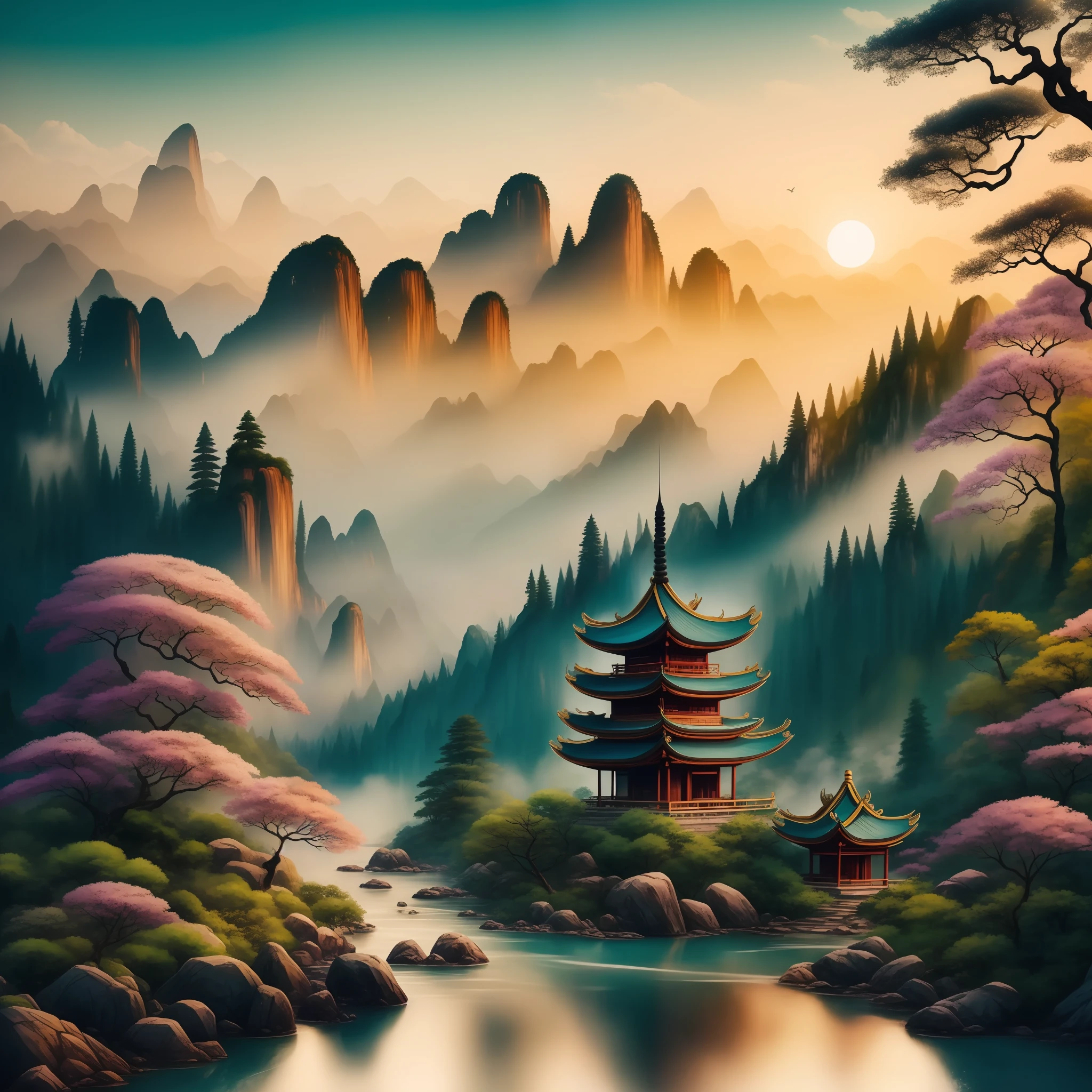 This ancient Chinese architecture stood tall amidst the magnificent scenery. Although no humans were in sight, these ancient buildings seemed to have a life of their own. Clouds drifted lazily across the sky, while a bird flitted by, adding a touch of movement to the serene view. A waterfall cascaded down the mountain, its soothing sound echoing through the valley. In the distance, towering cliffs were adorned with Chinese ancient architecture, pavilions and towers. The building blended seamlessly with the outdoors, surrounded by lush trees and a tranquil river. A bridge spanned over the water, leading to a magnificent ancient Chinese palace. The fog added a mystical hue, making the scene even more enchanting.