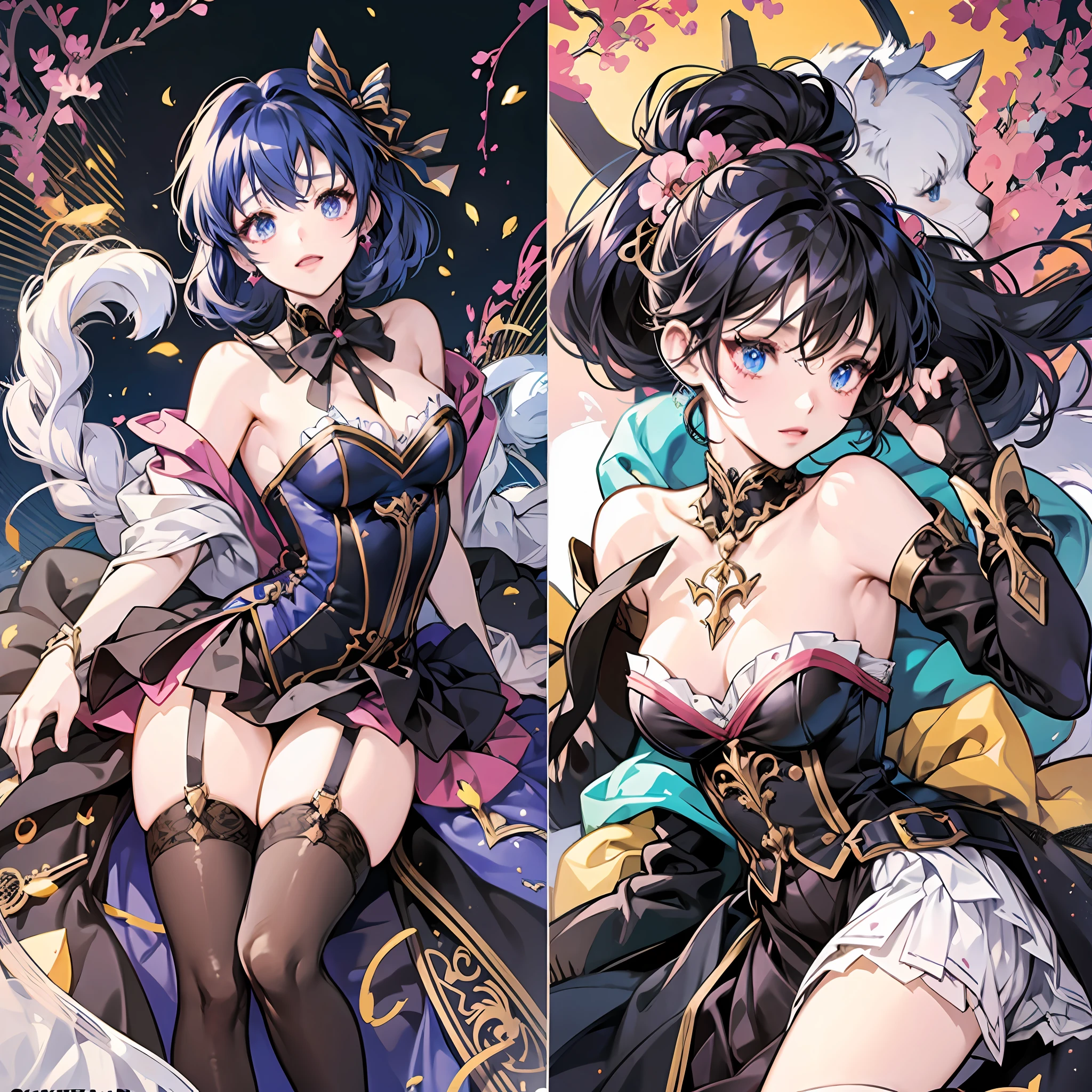 Anime characters with swords and dresses and cats, Azure Lane style, Kilo wind pixel art, Ecchi anime style, Anime character design, best anime character design, anime goddess, anime full body illustration, ecchi style, cute anime character design, anime character reference sheet, anime character art --auto --s2