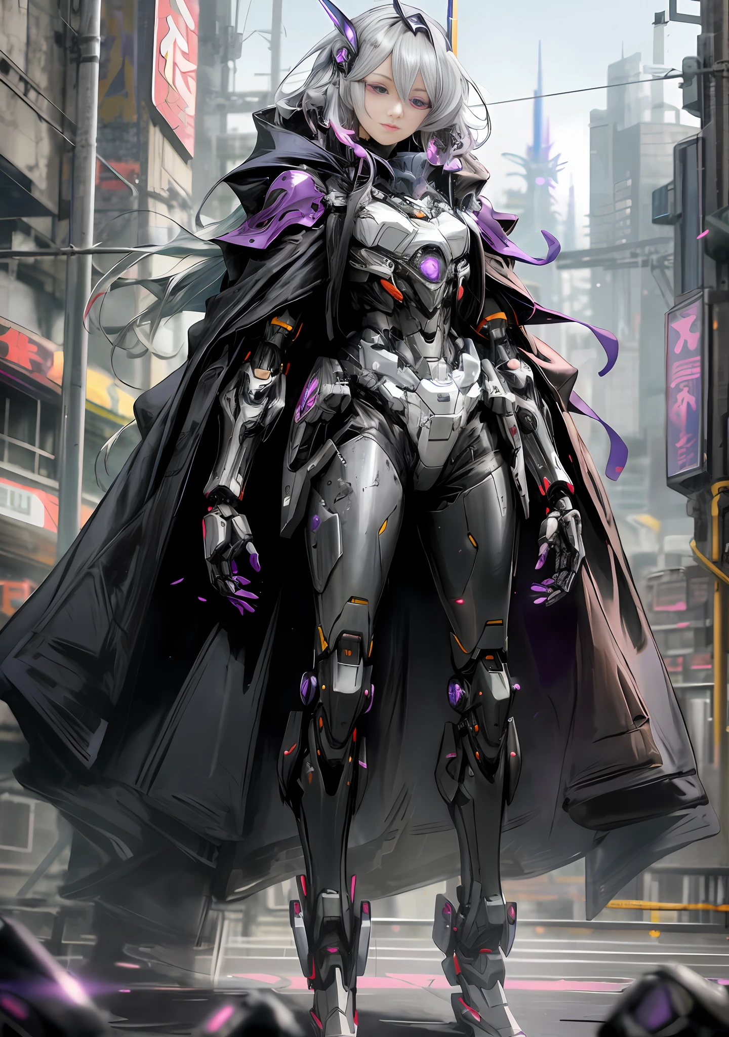 anime character in a futuristic city with a purple cape, girl in mecha cyber armor, female mecha, cyberpunk anime girl mech, painterly humanoid mecha, simple futurist cyborg empress, mecha suit, inspired by Marek Okon, cyberpunk robotic elvish queen, clothed in cyber armour, mechanized valkyrie girl, digital cyberpunk anime art, cyberpunk knight