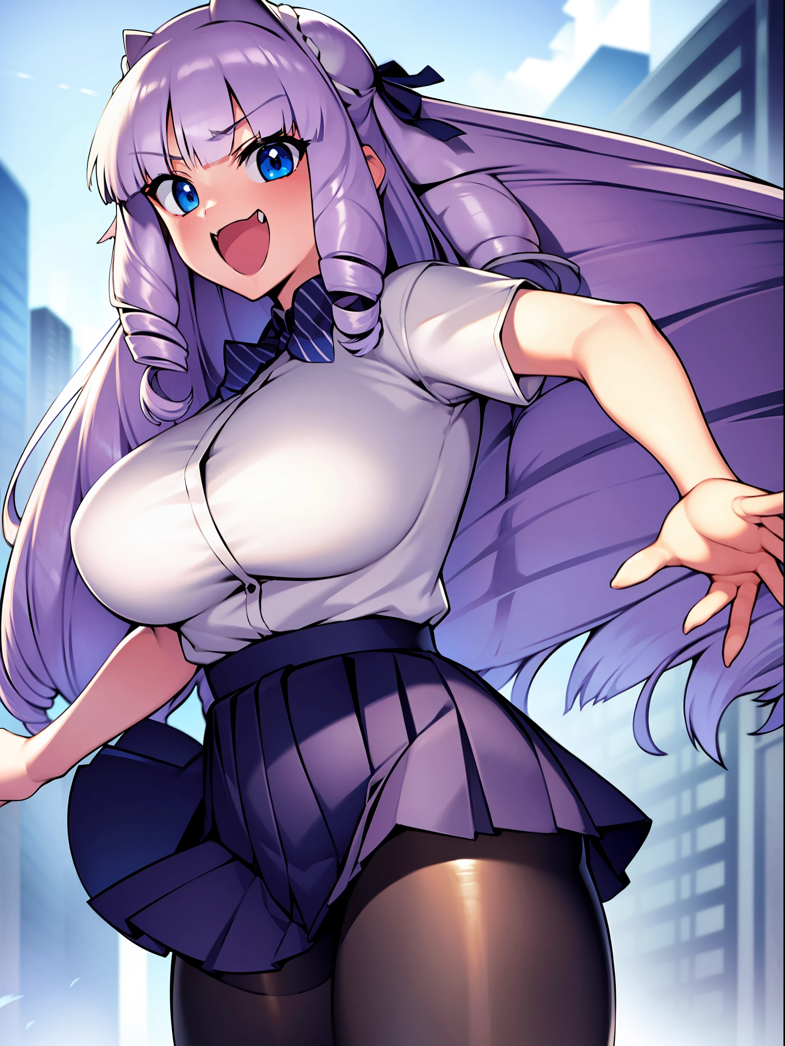 1girl, solo, Fujido Oriko, giantess, black pantyhose, blue eyes blue skirt, blunt bangs, breasts, cowboy shot, drill hair, fang, large breasts, long hair, looking at viewer, looking back, open mouth, pantyhose, pleated skirt, shirt, short sleeves, skirt, kung fu pose, white hair, white shirt, standing, giant among buildings, taller than a skyscraper,