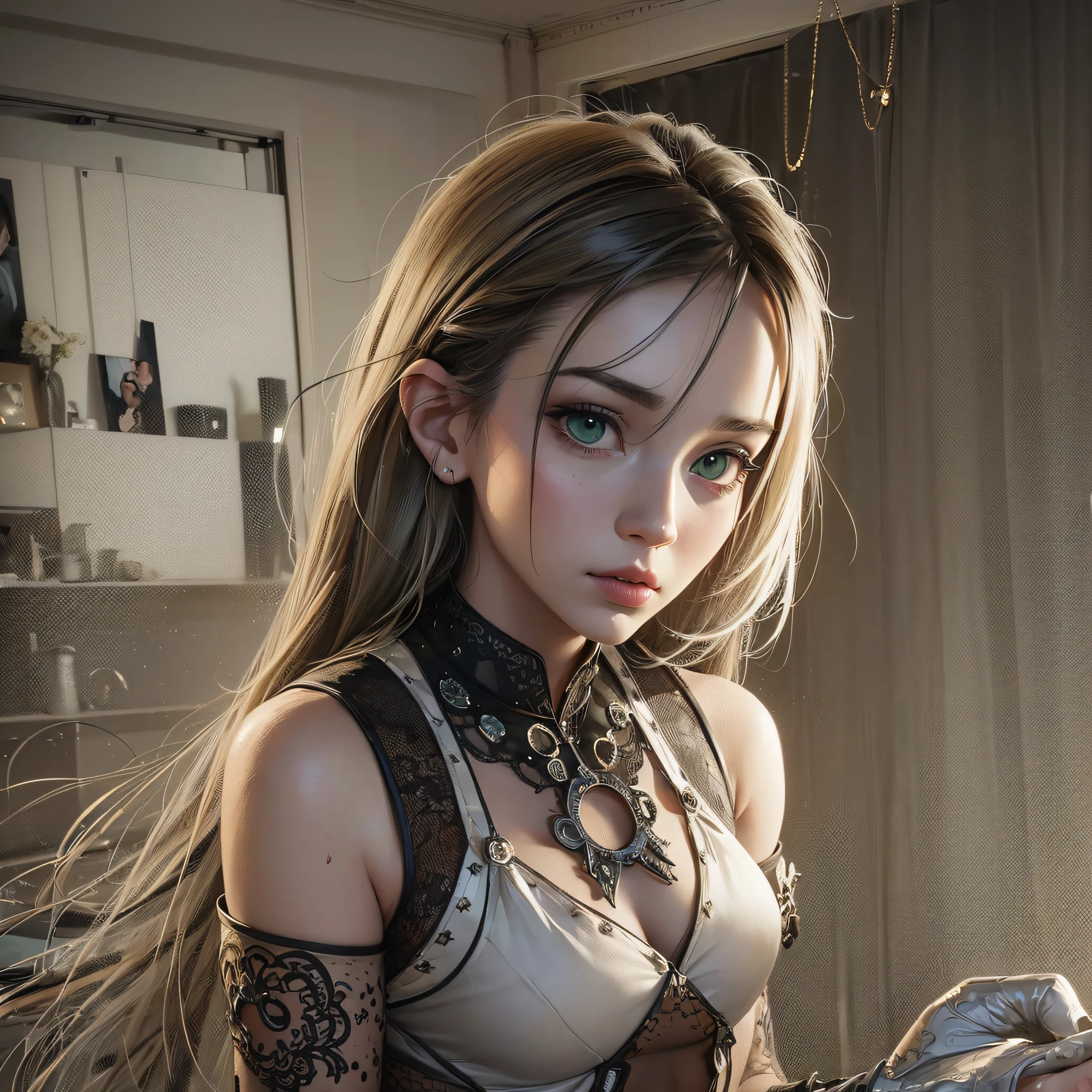 A portrait of a lonely beauty zombie girl alone in a crowd, alabaster skin, grunge suit, gangly background, dubious poses, perfect face, hyper detailed, Dead inside, green eyes, (extremely detailed CG Unity 8K wallpaper), the most beautiful artwork in the world, Atey Ghailan, in the style of Studio Ghibli, by Jeremy Mann, Greg Manchess, Antonio Moro, Intricate, high detail, photorealistic painting art by Midjourney and Greg Rutakowski, matte, Bryan organ, extremely detailed Unity 8K CG wallpaper, high detail, photorealistic painting art by Midjourney and Greg Rutakowski, matte, Bryan organ, extremely detailed Unity 8K CG wallpaper, high detail, photorealistic painting art by Midjourney and Greg Rutzowski, Matte, Bryan organ, extremely detailed CG Unity 8K wallpaper, High detail, photorealistic painting art by Midjourney and Greg Rutakowski, matte, Bryan organ --auto --s2