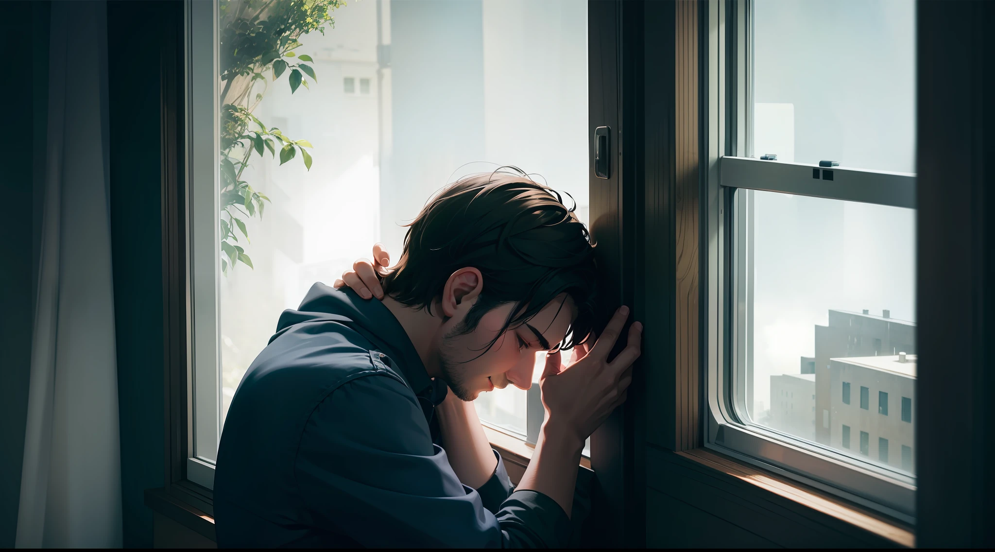 A person, sitting in a seat, with his hand on his chin, looks out the window,