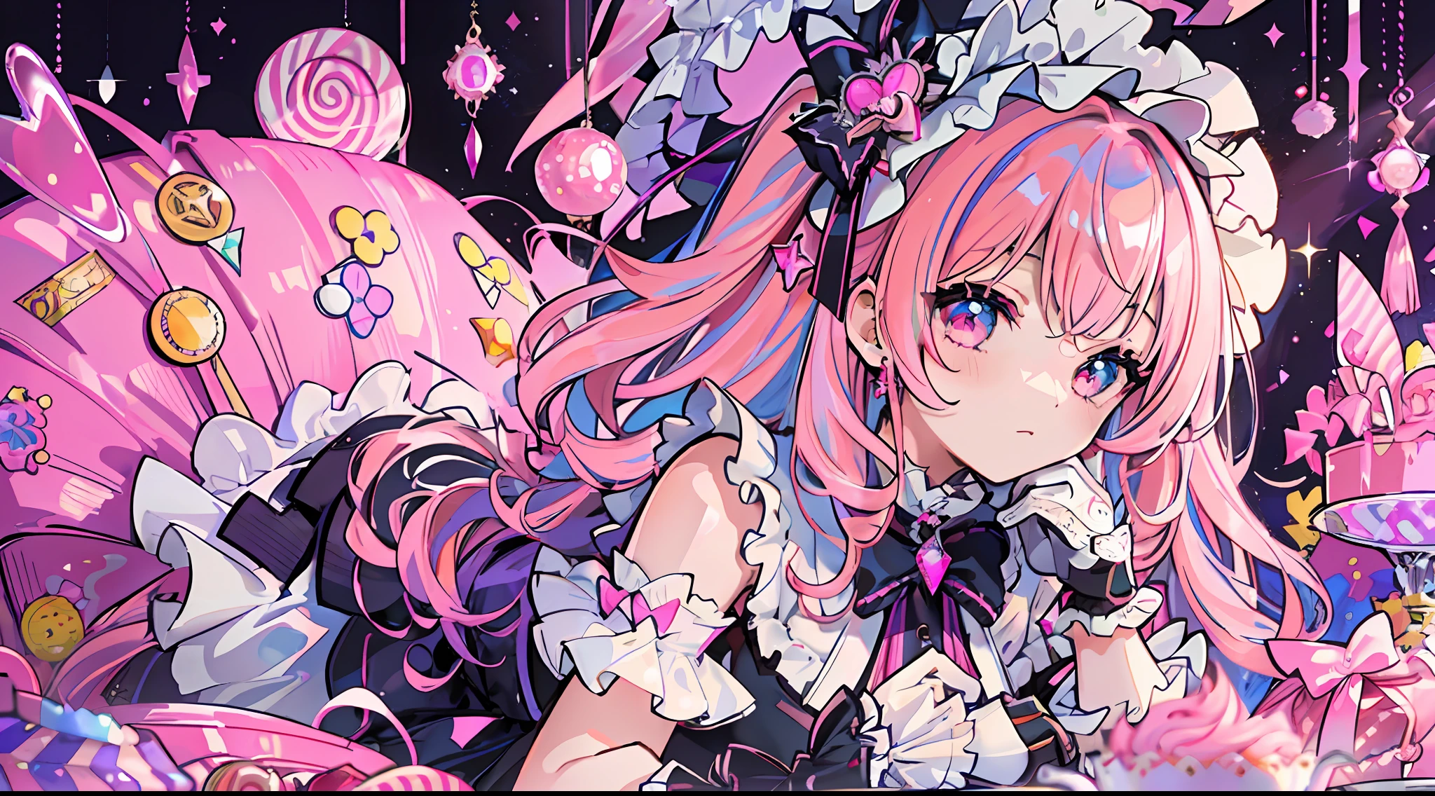 1girl, extreme detail, ta, loliashion, frills, intricate and gorgeous, gloves, afternoon tea, ponet hat, curly hair, macarons, cream, colorful, pink hair, blue hair, gradient pick dye, candy, shiny crystal, shiny, light particles, dynamic pose, dramatic composition, candy hair accessories