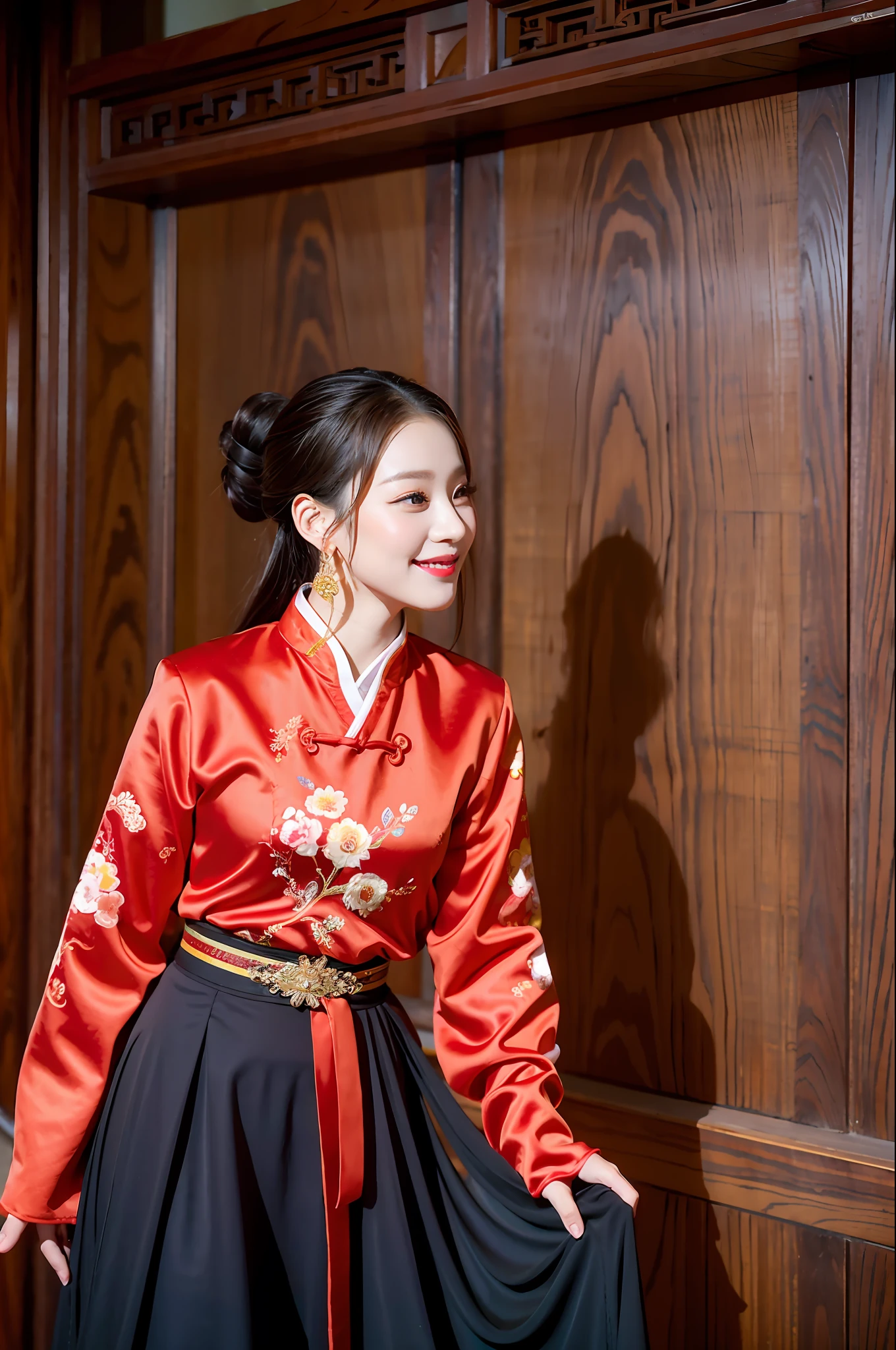 A woman in ancient Chinese costume stands by the ancient city gate, jujube red ancient city gate, smiling, orange sunlight sprinkled with her, super exquisite CG pictures with exquisite details, high-resolution 8K wallpaper, ancient Chinese traditional culture and Chinese style elegant coexistence, gorgeous and elegant Hanfu, exuding the classical beauty of Chinese traditional culture, a landscape, a touch of traditional beauty.