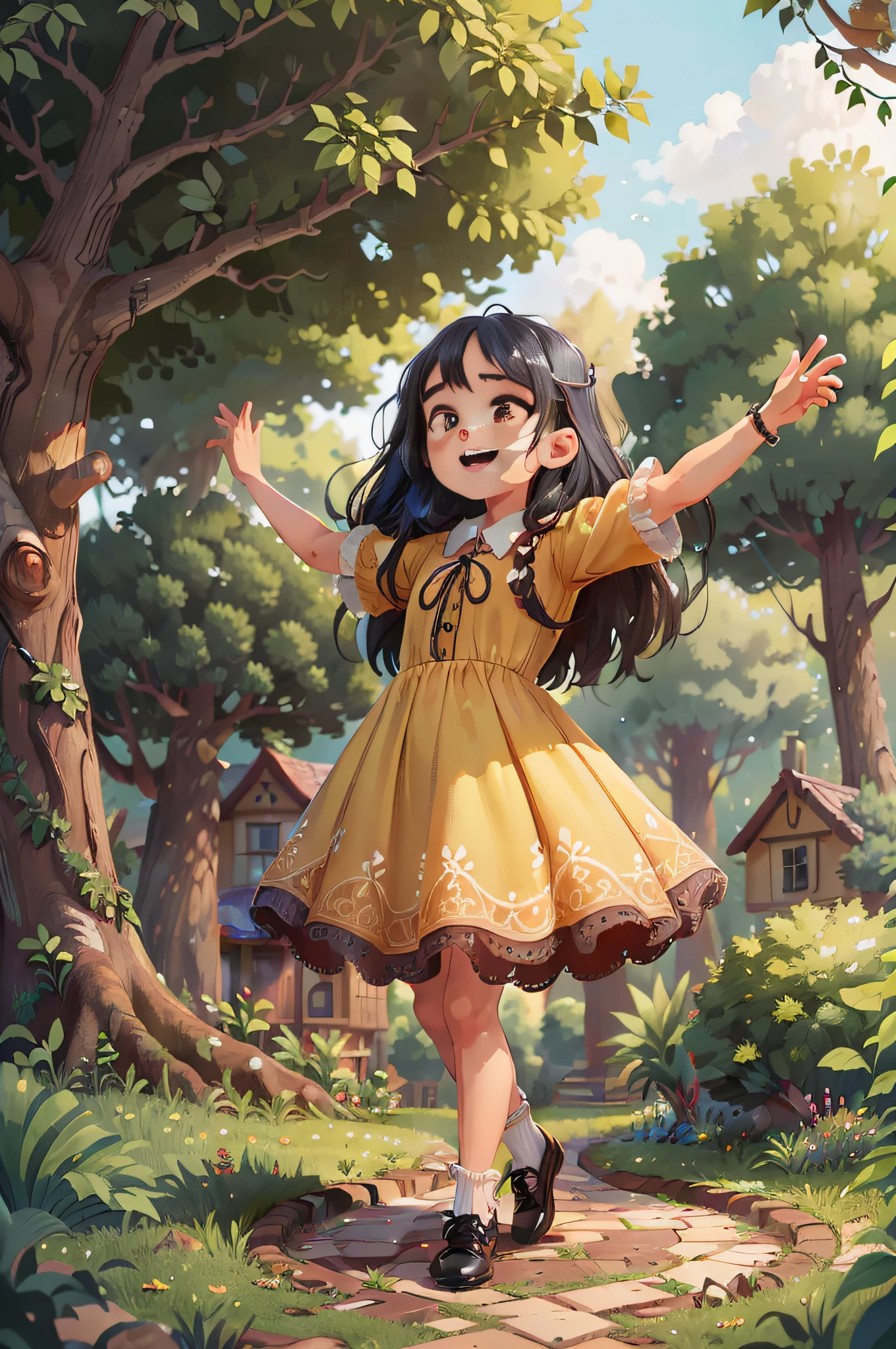 big tree in the backyard of your house with a happy girl with open arms, lineart, illustration, best quality, masterpiece, ultra high resolution, perfect quality, long shot, (masterpiece: 1.2) (realistic: 1.2) (Bokeh) (Best quality) (Intricate details) (8K) (Detailed skin: 1.3) (Detail eyes) (black hair)
