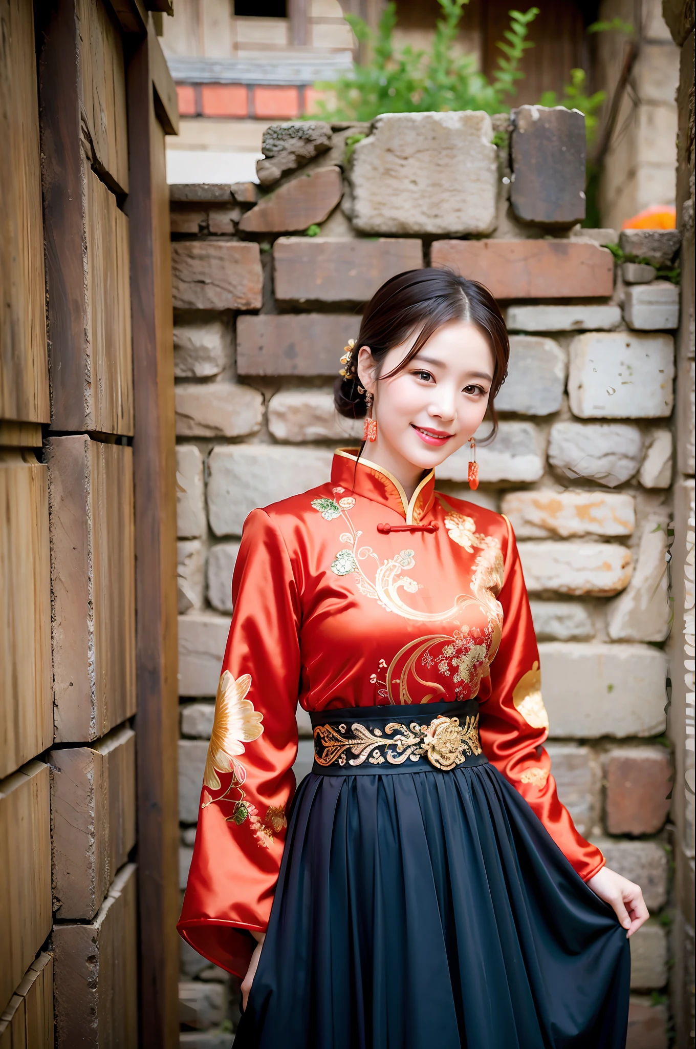 A woman in ancient Chinese costume stands by the ancient city wall, smiling, orange sunlight sprinkles her, super exquisite CG pictures with exquisite details, high-resolution 8K wallpaper, ancient Chinese traditional culture and Chinese style elegant coexistence, gorgeous and elegant Hanfu, exuding the classical beauty of Chinese traditional culture, a landscape, a touch of traditional beauty.