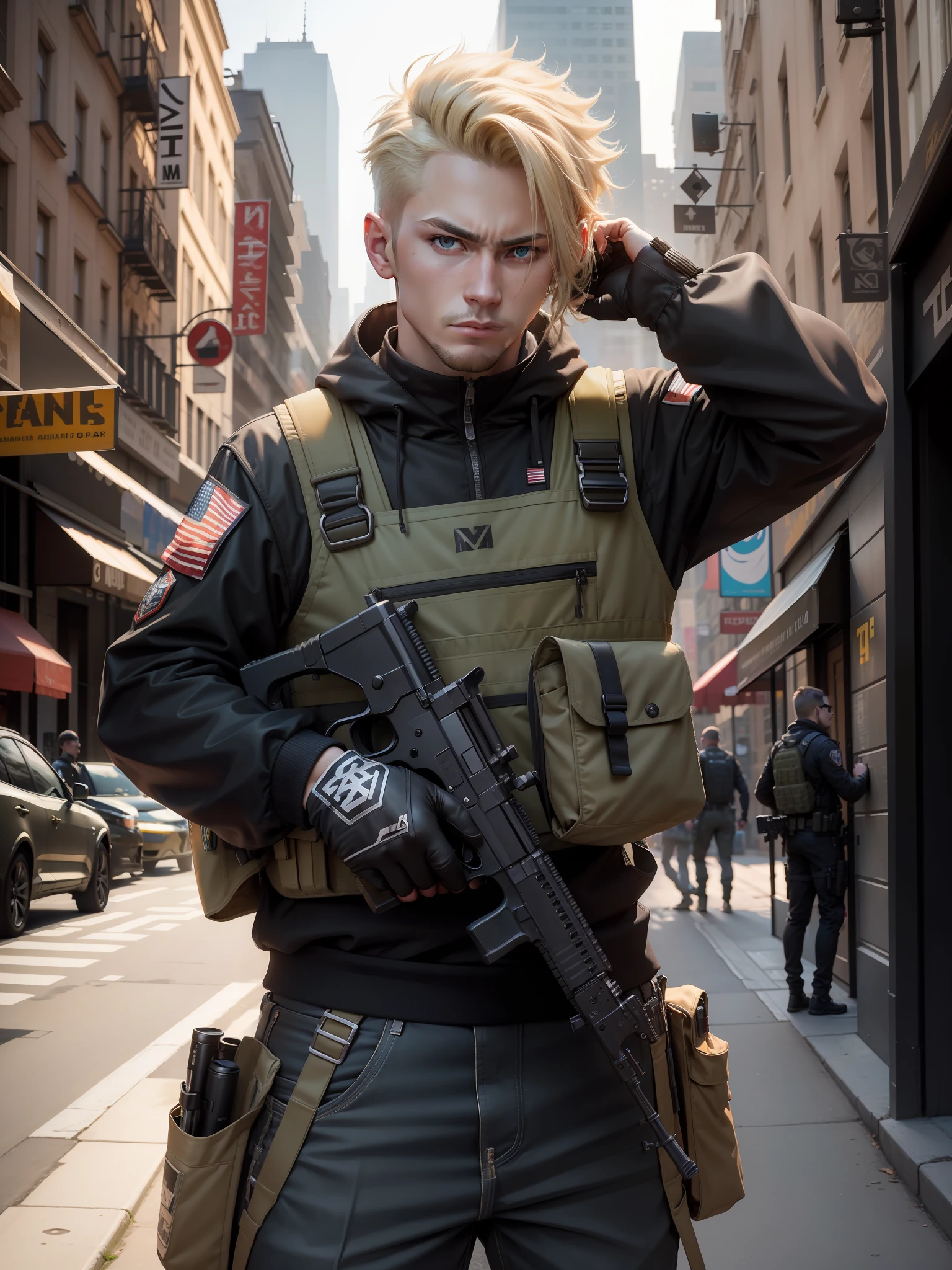 ((masterpiece)), ((best quality)), ((high res)), 1boy, assault rifle, blonde hair, bullpup, finger on trigger, gloves, gun, handgun, holding gun, holding weapon, holster, m4 carbine, male focus, pistol, rifle, shotgun, new york city backdrop, solo, submachine gun, trigger discipline, weapon, brown eyes, chevorlet camaro, action: fighting stance, facial expression: determined, assault vest