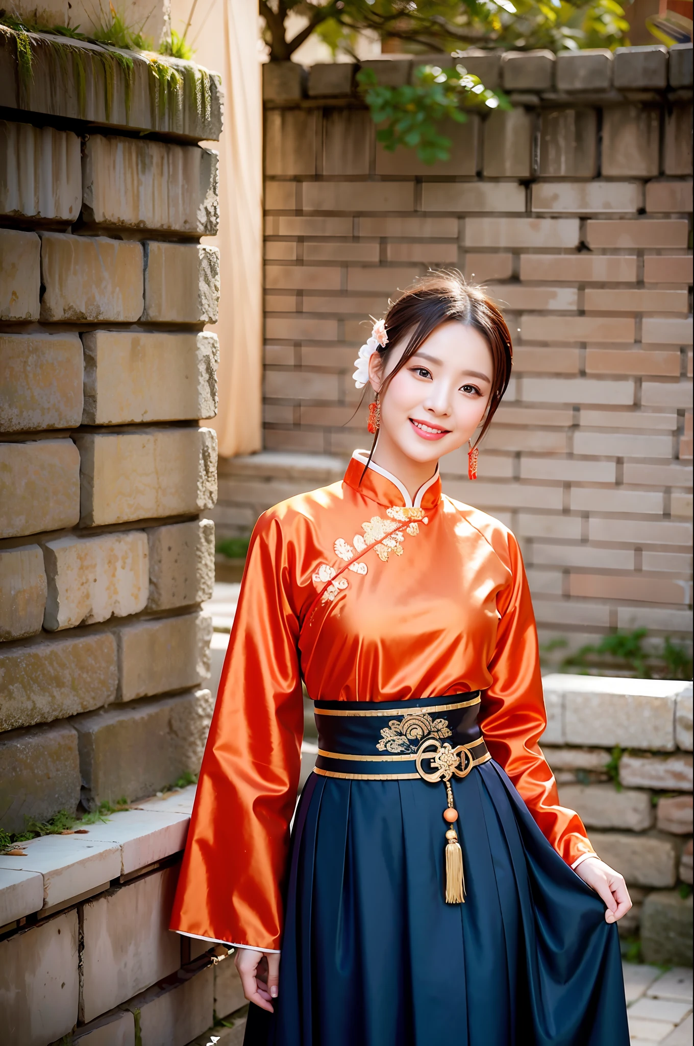 A woman in ancient Chinese costume stands by the ancient city wall, smiling, orange sunlight sprinkles her, super exquisite CG pictures with exquisite details, high-resolution 8K wallpaper, ancient Chinese traditional culture and Chinese style elegant coexistence, gorgeous and elegant Hanfu, exuding the classical beauty of Chinese traditional culture, a landscape, a touch of traditional beauty.