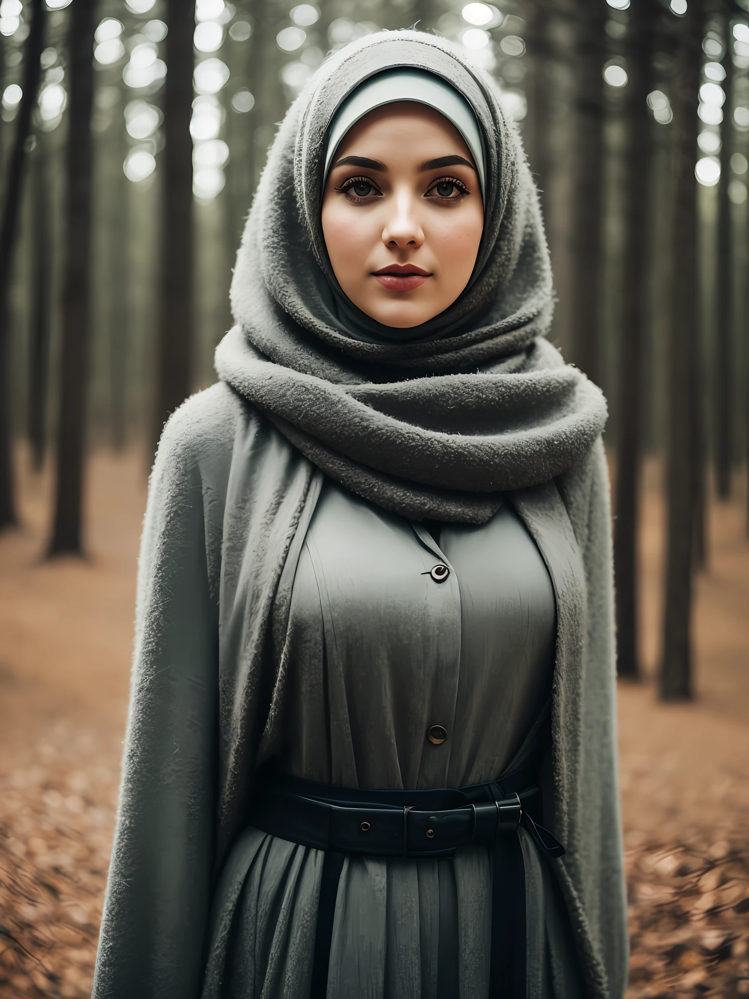 hijab, big breast, close up of a european woman, ginger hair, winter forest, natural skin texture, 24mm, 4k textures, soft cinematic light, RAW photo, photorealism, photorealistic, intricate, elegant, highly detailed, sharp focus, ((((cinematic look)))), soothing tones, insane details, intricate details, hyperdetailed, low contrast, soft cinematic light, dim colors, exposure blend, hdr, faded