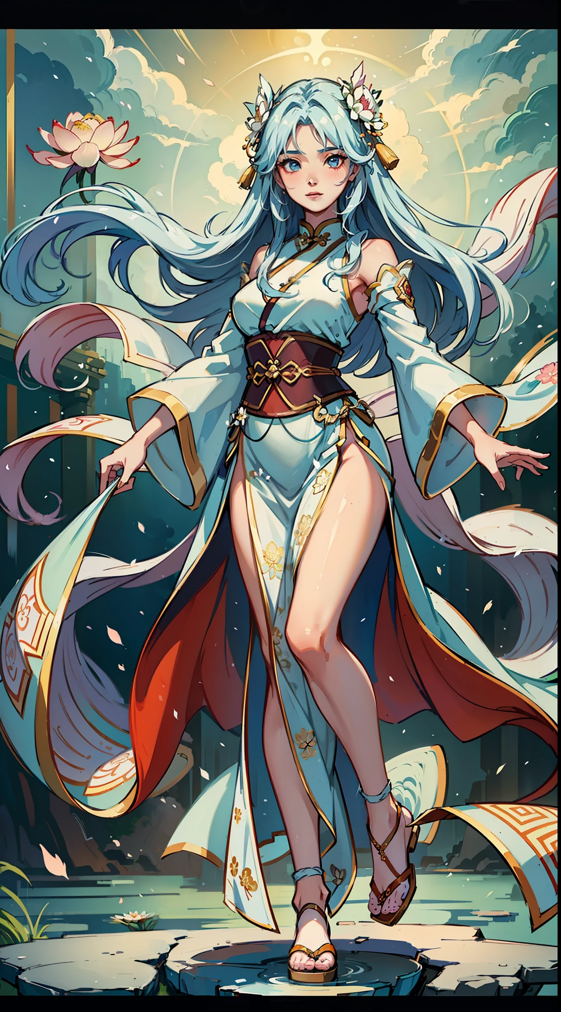 ((High-quality CG, Chinese painting style), (female one), full body picture, a beautiful fairy dancing in the magnificent sky, beautiful and gorgeous posture, beautiful appearance like a flower, dressed in gorgeous clothes, like the first bloom of snow lotus, eyes shining with happiness, full of light, brilliant magic array surrounding, containing oriental aesthetics, gorgeous fairy clothes, exquisite posture, long hair like a waterfall, white light flashing, dreamy clouds. --auto --s2