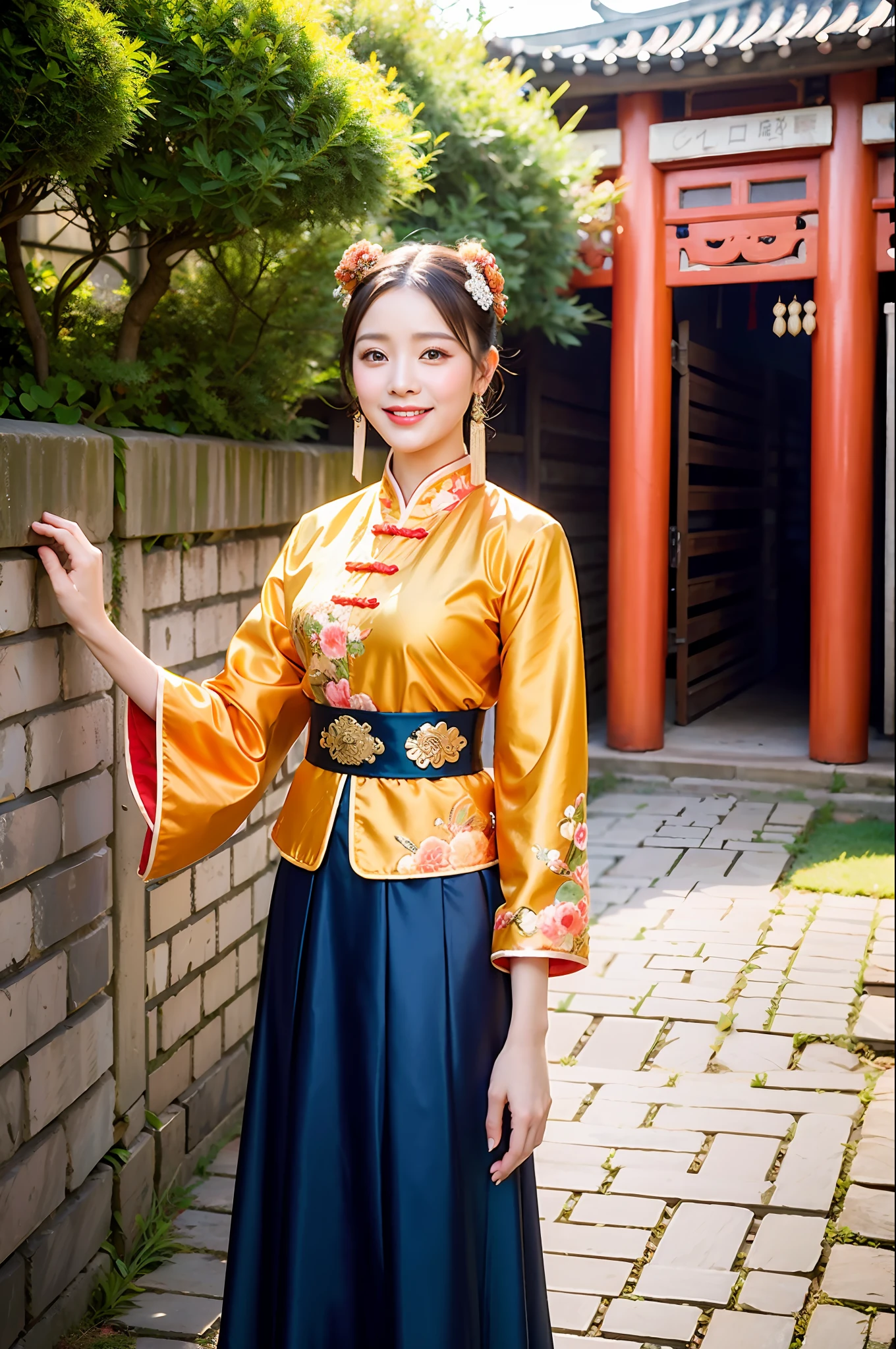A woman in ancient Chinese costume stands by the ancient city wall, smiling, orange sunlight sprinkles her, super exquisite CG pictures with exquisite details, high-resolution 8K wallpaper, ancient Chinese traditional culture and Chinese style elegant coexistence, gorgeous and elegant Hanfu, exuding the classical beauty of Chinese traditional culture, a landscape, a touch of traditional beauty.