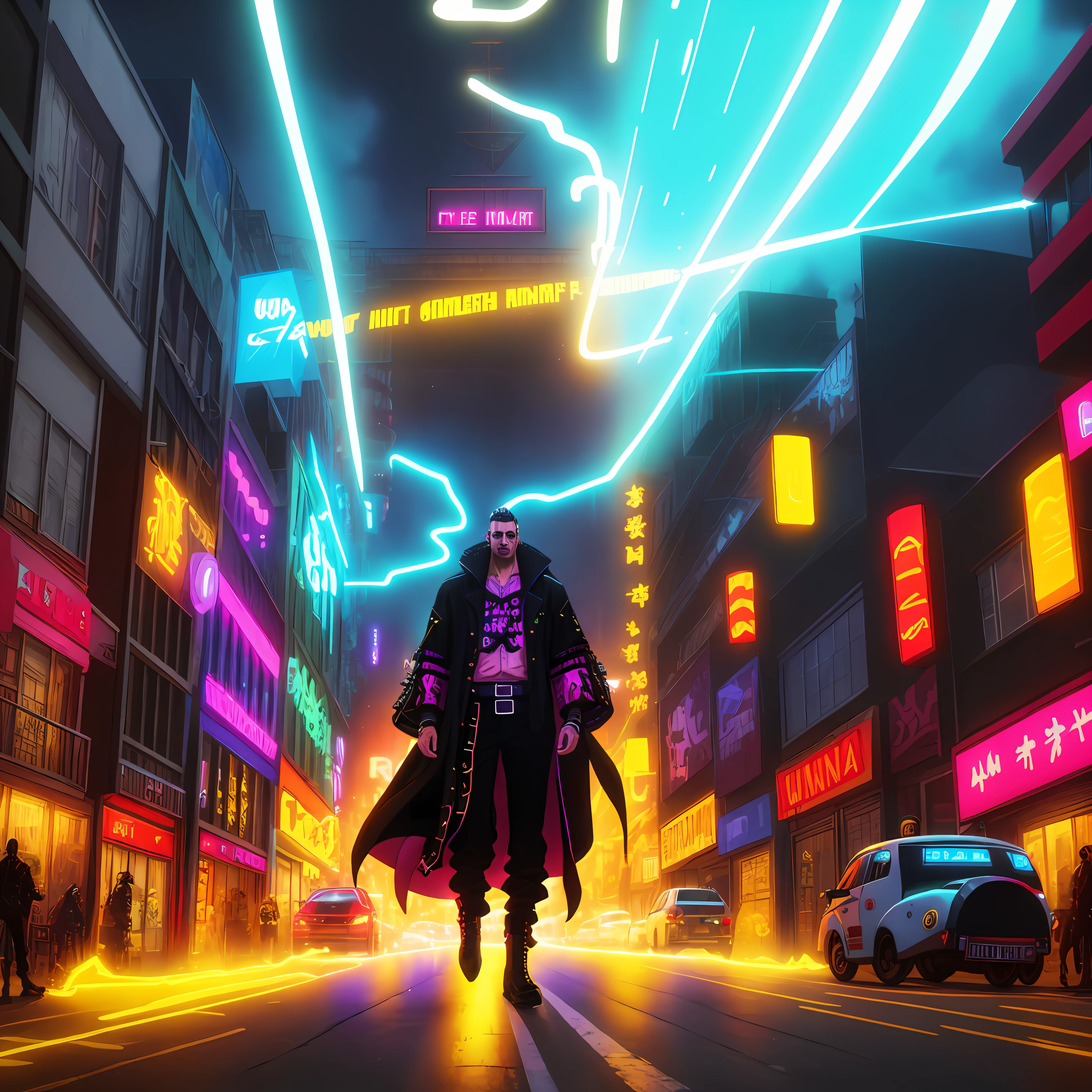 General of cipher punk, in the 2100s, paigem of a giant city of neon, full body, 30 years, perfect man, full of detail, ultra realistic image, with technological mafia clothes, cinematic effects, ultra realistic style,