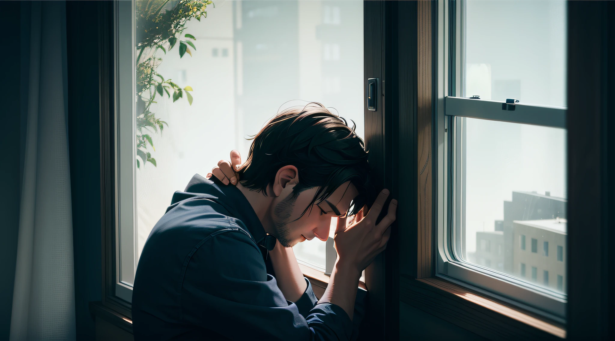 A person, sitting in a seat, with his hand on his chin, looks out the window,