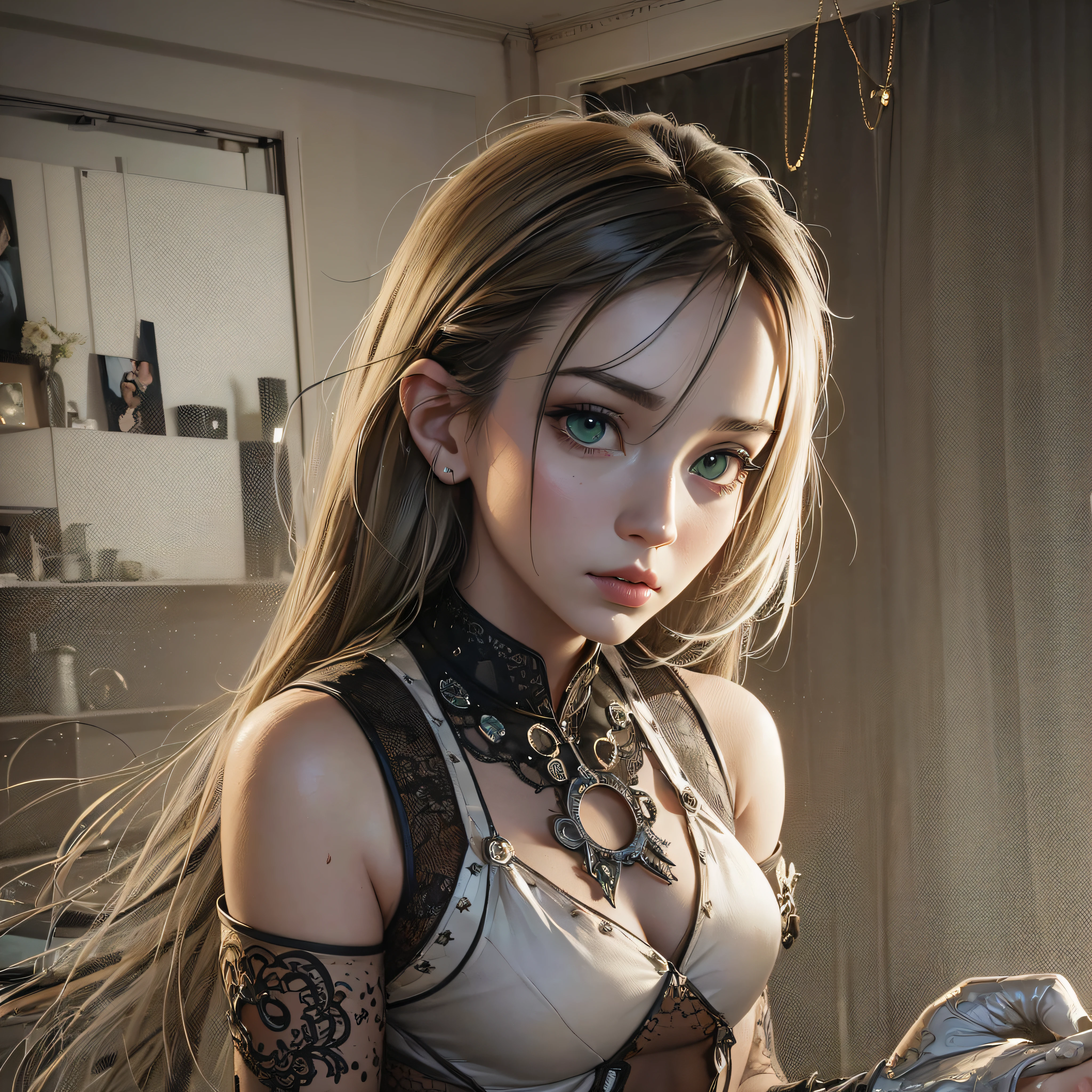 A portrait of a lonely beauty zombie girl alone in a crowd, alabaster skin, grunge suit, gangly background, dubious poses, perfect face, hyper detailed, Dead inside, green eyes, (extremely detailed CG Unity 8K wallpaper), the most beautiful artwork in the world, Atey Ghailan, in the style of Studio Ghibli, by Jeremy Mann, Greg Manchess, Antonio Moro, Intricate, high detail, photorealistic painting art by Midjourney and Greg Rutakowski, matte, Bryan organ, extremely detailed Unity 8K CG wallpaper, high detail, photorealistic painting art by Midjourney and Greg Rutakowski, matte, Bryan organ, extremely detailed Unity 8K CG wallpaper, high detail, photorealistic painting art by Midjourney and Greg Rutzowski, Matte, Bryan organ, extremely detailed CG Unity 8K wallpaper, High detail, photorealistic painting art by Midjourney and Greg Rutakowski, matte, Bryan organ --auto --s2