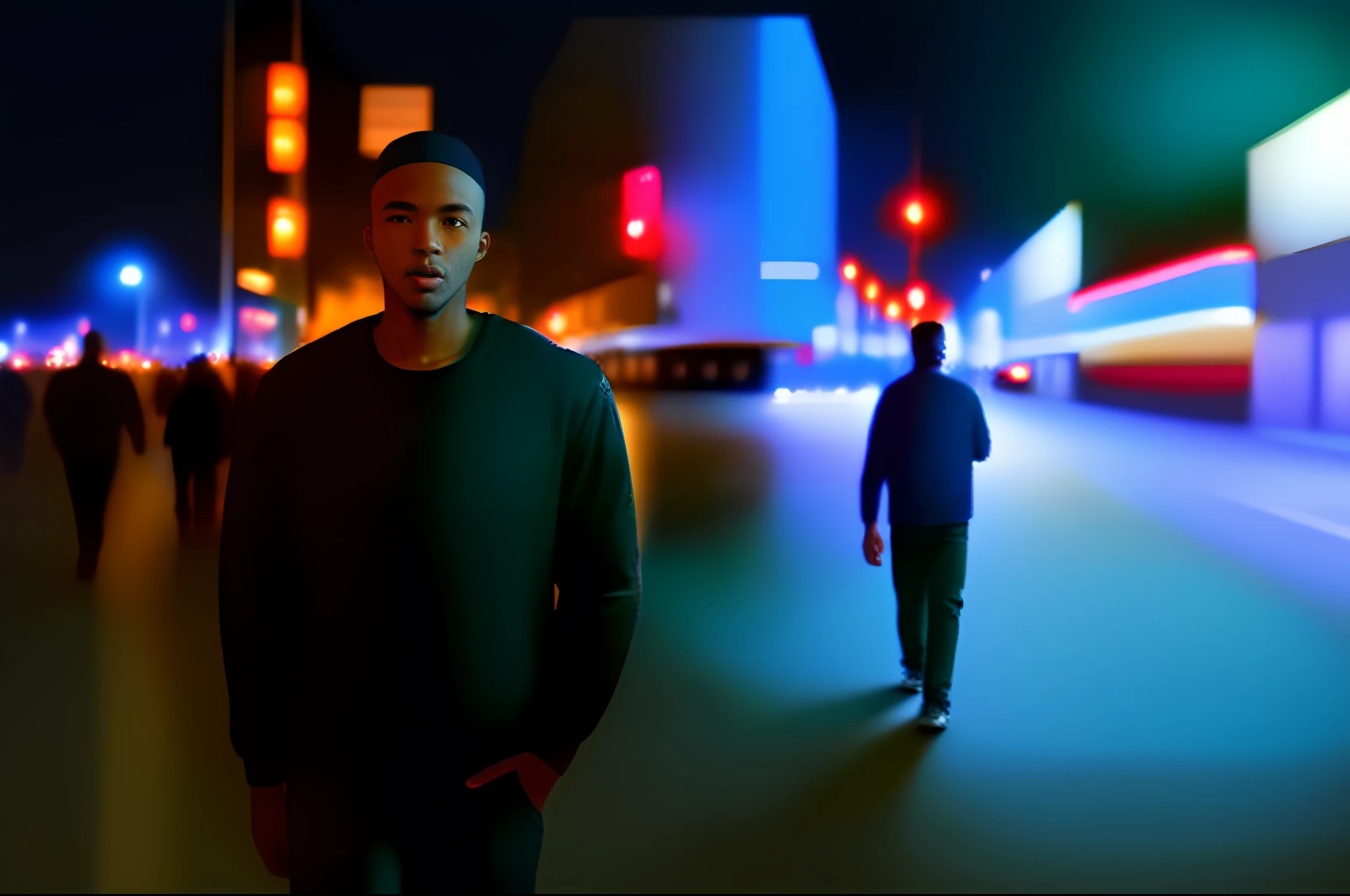RAW photo, a portrait of a 25-year-old black man in casual clothes, night, walking down a city street, (highly detailed skin: 1.2), 8k uhd, dslr, soft lighting, high quality, film grain, Fujifilm XT3