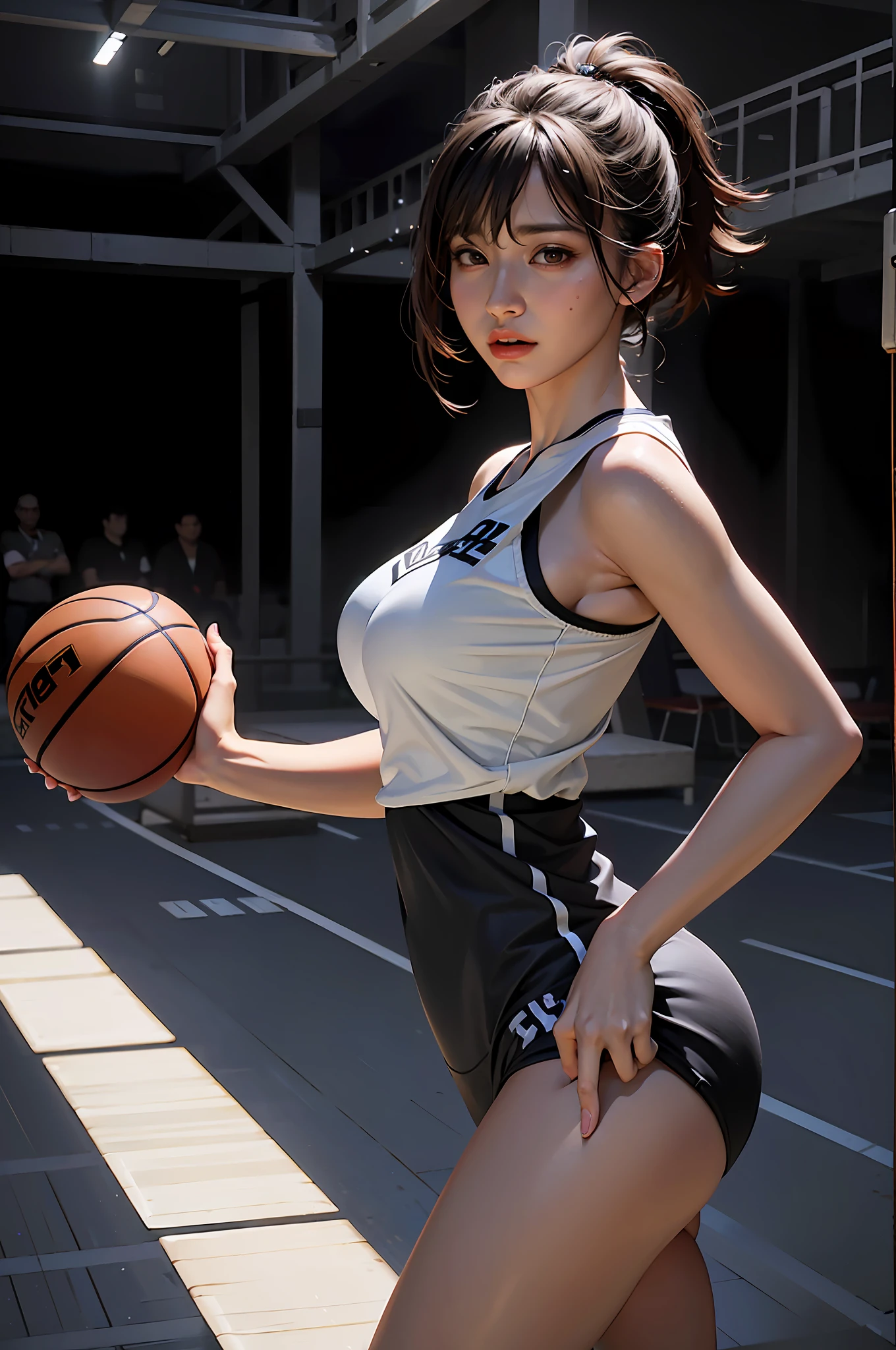 Allard woman holding basketball in white shirt and black shorts, full breasts, full body, [ 4 k realism ]!!, realistic anime 3 D style, [ 4 k realism ]!!!, realistic anime girl rendering, rendered by Yang J, 3d anime realism, Guvez style artwork, popular on cgstation, wearing basketball jersey