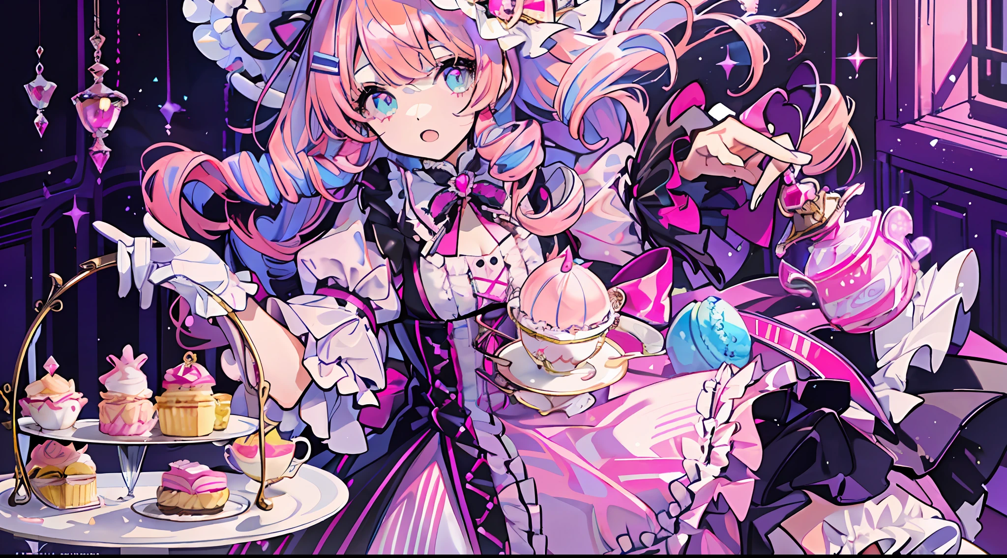 1girl, extreme detail, lolita, lolita fashion, frills, intricate and gorgeous, gloves, afternoon tea, ponet hat, curly hair, macarons, cream, colorful, pink hair, blue hair, gradient pick dye, candy, shiny crystal, shiny, light particles, dynamic pose, dramatic composition, candy hair accessories