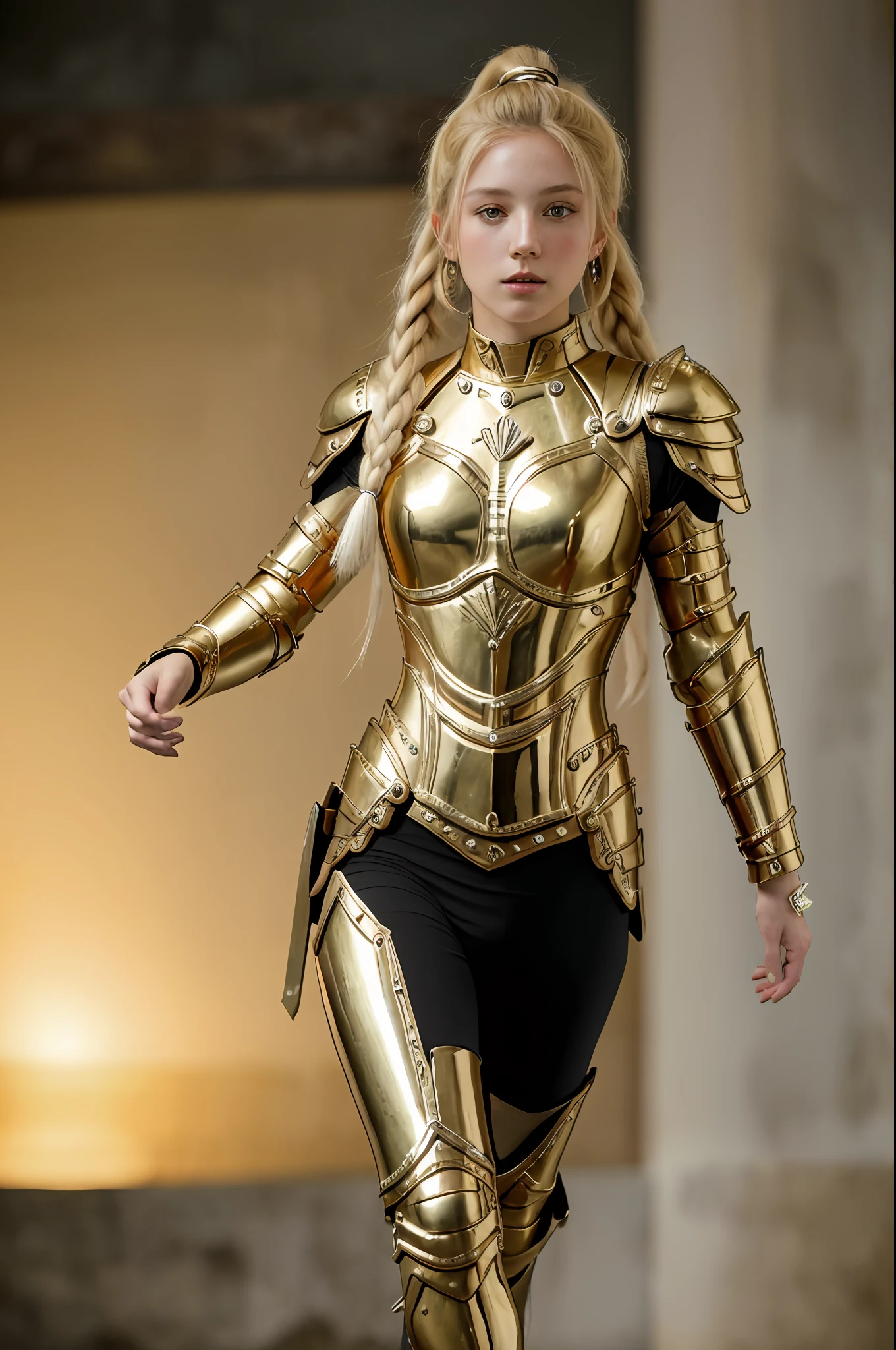 (Full body view), (8K, best quality: 1.2), (masterpiece: 1.37), (photo, photorealistic: 1.37), (ultra-high resolution), full body, walking pose, front footage, slow motion, female paladin wearing full body, (light gold armor: 1.2),(richly decorated armor), (incredibly detailed, bloom: 1.5), (high quality, Alessandro Casagrande, Greg Rutkowski, Sally Mann, concept art, 4k), 1.2), (high sharpness), (detailed students: 1.1), detailed face and eyes, Masterpiece, best quality, (highly detailed photo: 1.1), (long blonde hair, ponytail, ecstatic: 1.1), (young: 1.1), sharp, (perfect body: 1.1), realistic, real shadow, 3d, (in an ancient grecita), (by Michelangelo), photographed by Canan EOS R6, 135mm, 1/1250s, f/2.8, ISO 400