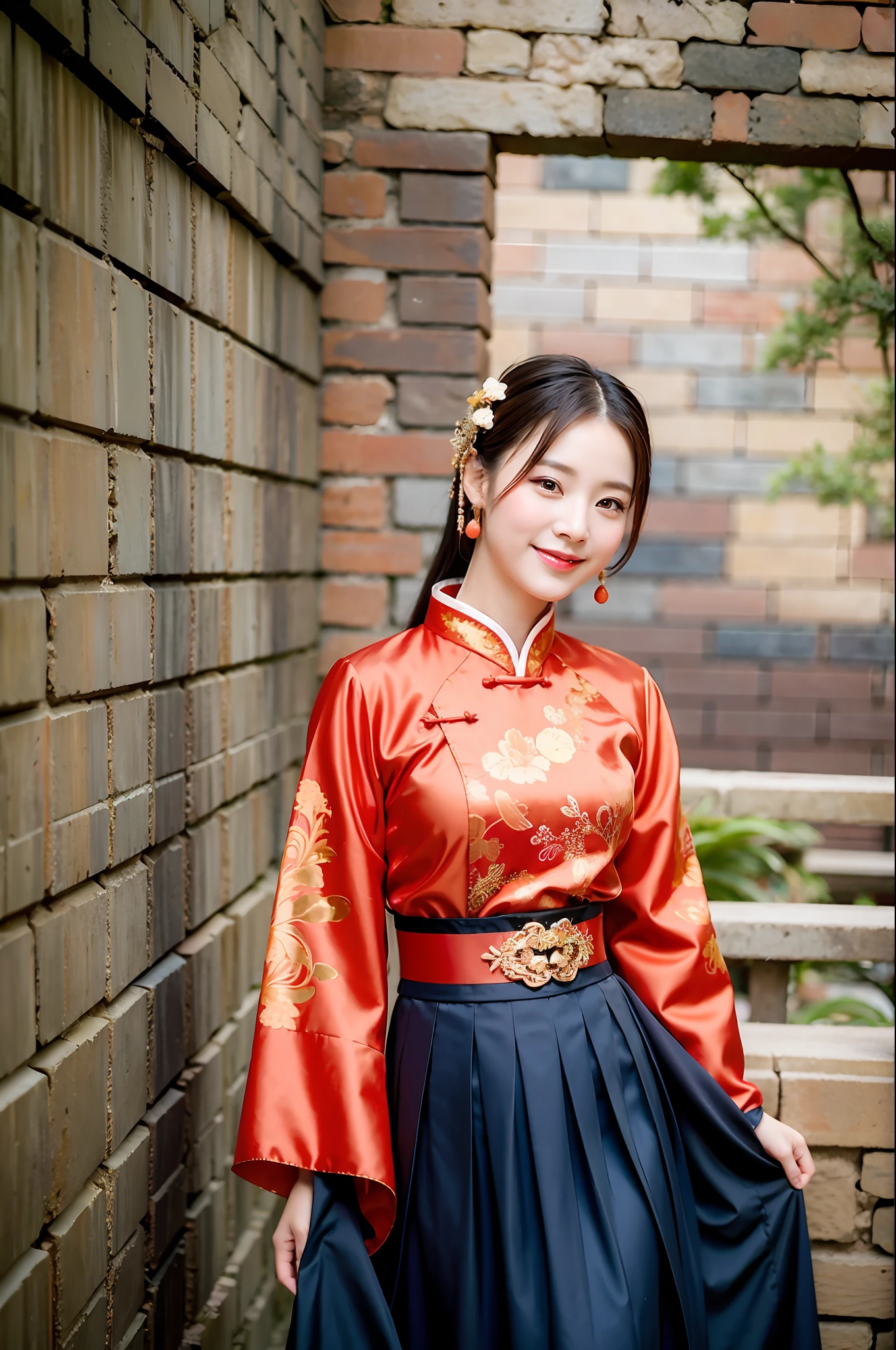 A woman in ancient Chinese costume stands by the ancient city wall, smiling, orange sunlight sprinkles her, super exquisite CG pictures with exquisite details, high-resolution 8K wallpaper, ancient Chinese traditional culture and Chinese style elegant coexistence, gorgeous and elegant Hanfu, exuding the classical beauty of Chinese traditional culture, a landscape, a touch of traditional beauty.