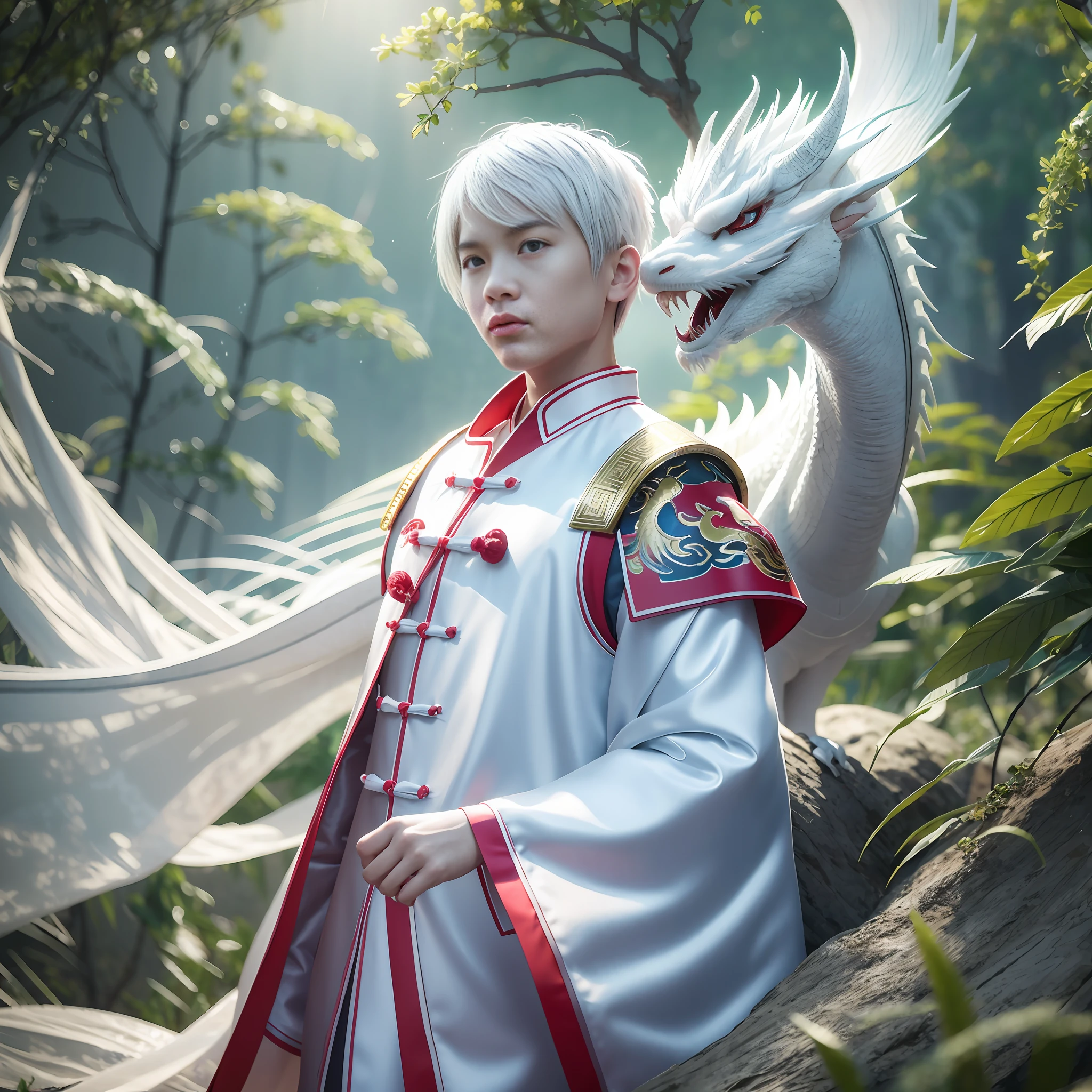 A Chinese boy with short hair, 16 years old, Chinese dragon, white dragon, white hair, full body portrait, cool style, white hanfu, three-dimensional facial features, stunning, gorgeous, 3D, Vray rendering, surrealism, bokeh, low angle shooting, front view, cinematic style, cinematicism, realism, surreal, oriental fantasy, Chinese mythology, Vray rendering, white space, ltra detailed, in the style of realistic depiction of light, high detail on light and shadows throughout, intricate details, surreal, hypermaximalist, white studio background, luminous, iridescent, shimmering, Canon EOS - ID mark III --ar 4:5 --upbeta --style raw, hasselblad, ray tracing,Surrealism, 8k