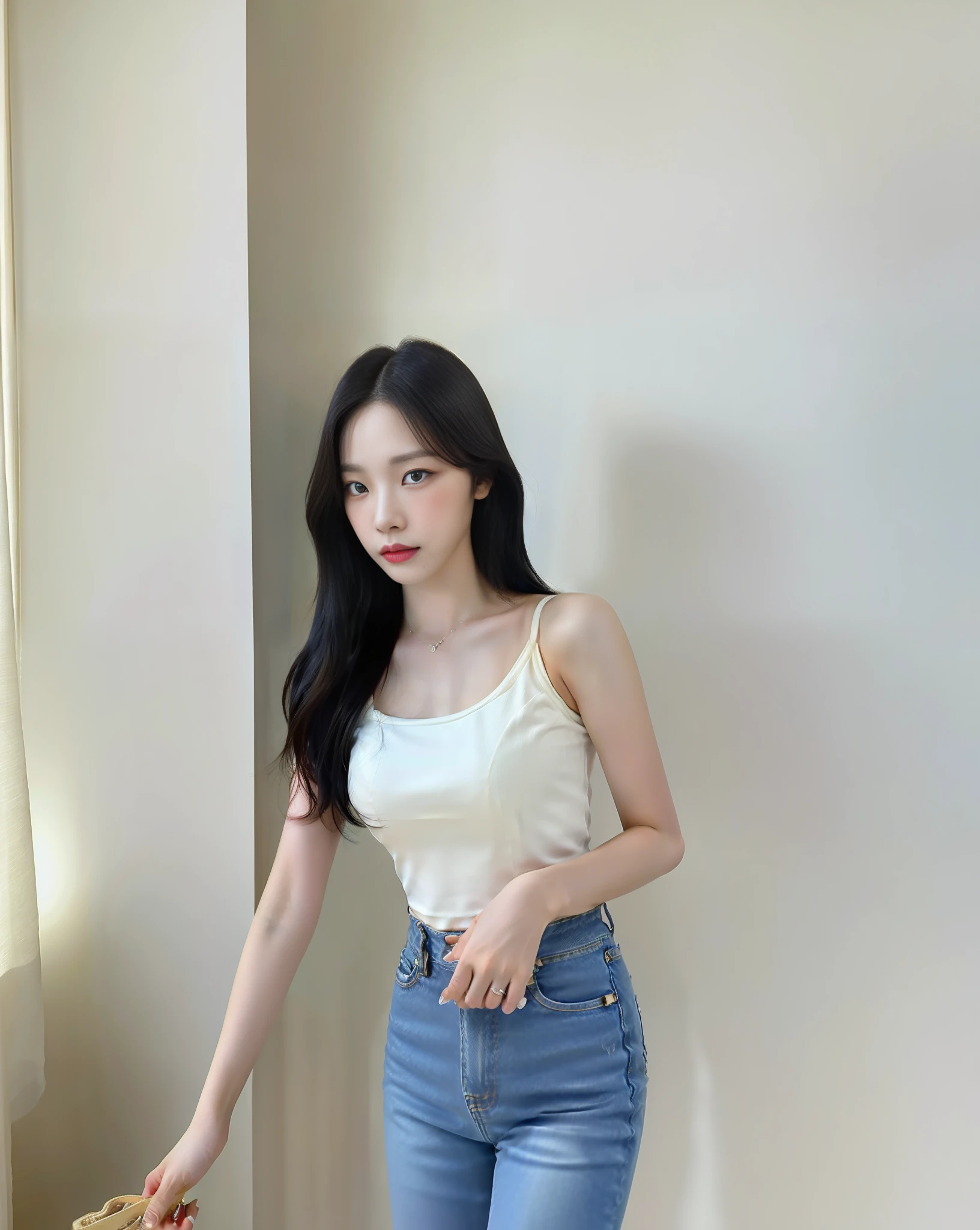 Gorgeous young Korean woman wearing a camisole and jeans, photo of slim girl, wearing tight simple clothes, wearing a tank top, wearing a camisole, gorgeous young korean woman, white top, korean woman fashion model, 8k, RAW photo, top quality, masterpiece: 1.2), ultra detailed, super resolution, portrait (real, real photo: 1.37) Highly detailed, high-definition RAW color photos, professional photos, very detailed and beautiful, very detailed, highly detailed, very detailed beautiful girl, highly detailed face, highly detailed eyes, highly detailed skin, highly detailed fingers, highly detailed hands, highly detailed nose, highly detailed detailed mouth, perfect anatomy, highly detailed background, highly detailed clothing, , Sharp focus: 1.2, realistic, beautiful woman with perfect body shape: 1.4, beautiful big, big breasts, ((kpop idol: 1.3)), Korean girl, Karina of Espa, big black dot in the lower left corner of the lips: 1.0, wavy black hair, beautiful black eyes, black eyes