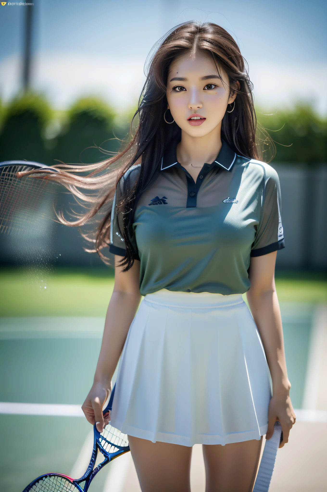 (8K, Best Quality, Masterpiece: 1.2), (Realistic, Realistic: 1.37), Ultra Detailed, Best Quality, Ultra High Resolution, Professional Lighting, Photon Mapping, Teleportion, Physically Based Rendering, Cinematic Lighting, Clear Sky, Basketball Court, Depth of Field, Clear Focus, Sunlight, Good Composition, (Bokeh: 1.2) 1girl, Single, (Full Body), (Mouth Closed), Beautiful Detailed Eyes, Pose, Narrow Waist, Tennis Skirt, Tennis Skirt, Tennis Dress, Brunet, Messy Hair, ( ulzzang-6500: 1.2), (rain, see-through, wet shirt, wet hair, wet clothes: 1.2),