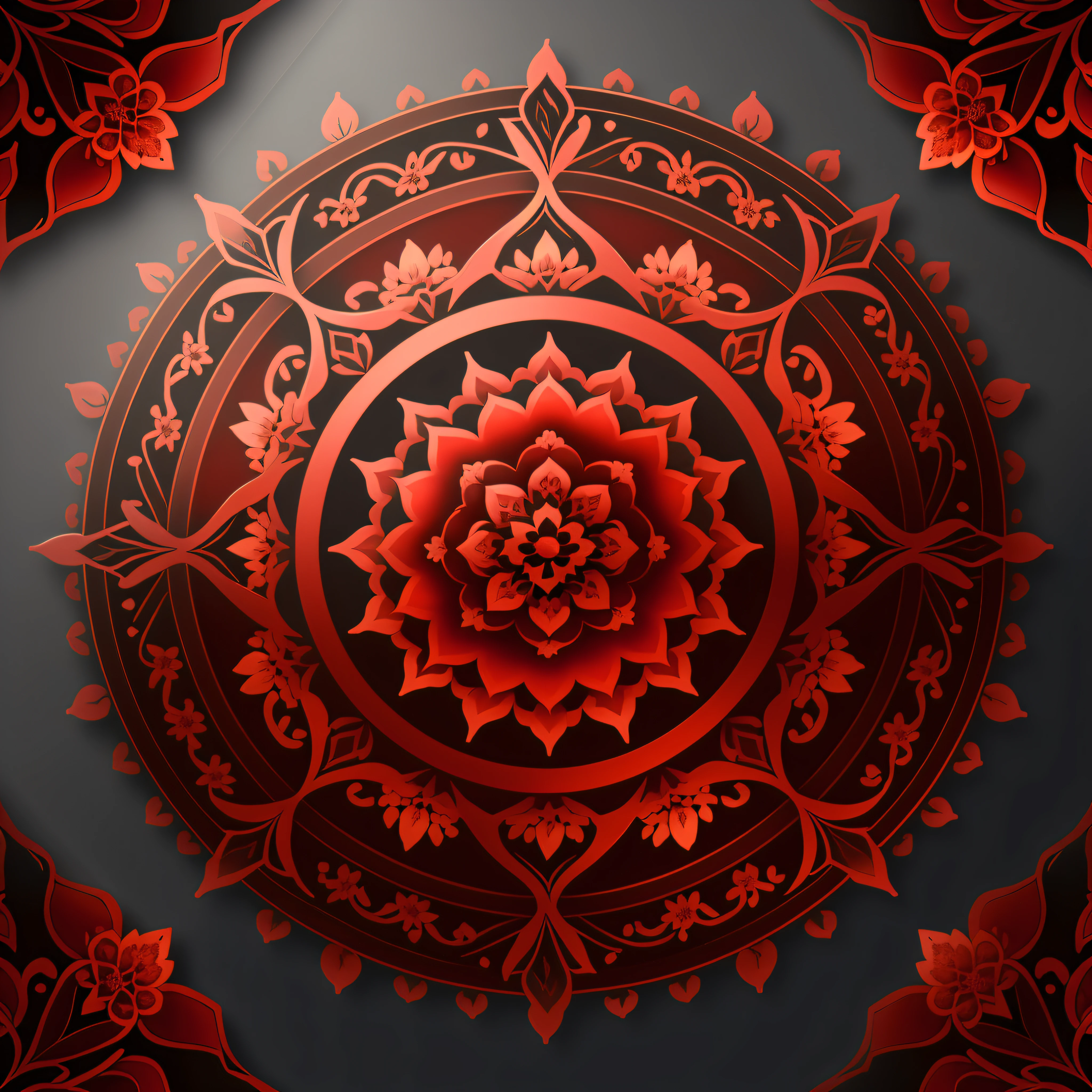 Illustration of mandala with flowers red carnation,storm,center elements in metals aluminum,rays, 8k, brightness, nature, full picture without cuts