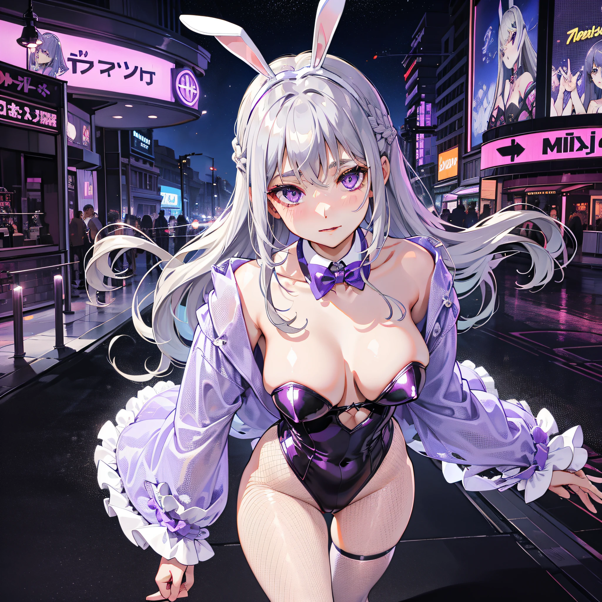 Gray hair, semi-long hair, purple eyes, shining eyes, fishnet stockings, blush, mature, bunny, casino