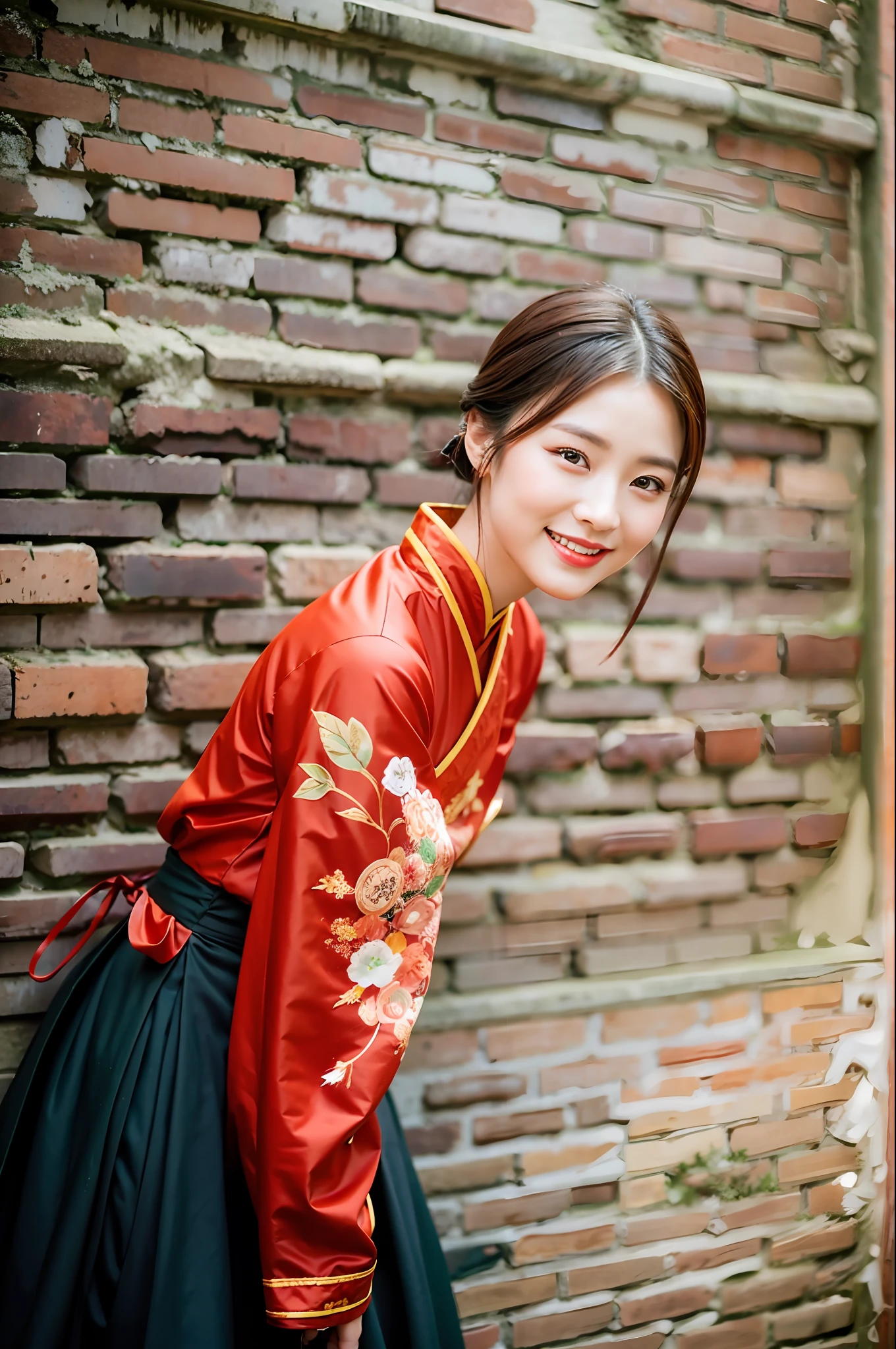 The woman in ancient Chinese clothes stood by the green brick brick wall, the ancient city wall, smiling, orange sunlight sprinkled with her, super exquisite CG pictures with exquisite details, high-resolution 8K wallpaper, ancient Chinese traditional culture and Chinese style elegant coexistence, gorgeous and elegant Hanfu, exuding the classical beauty of Chinese traditional culture, a landscape, a touch of traditional beauty.