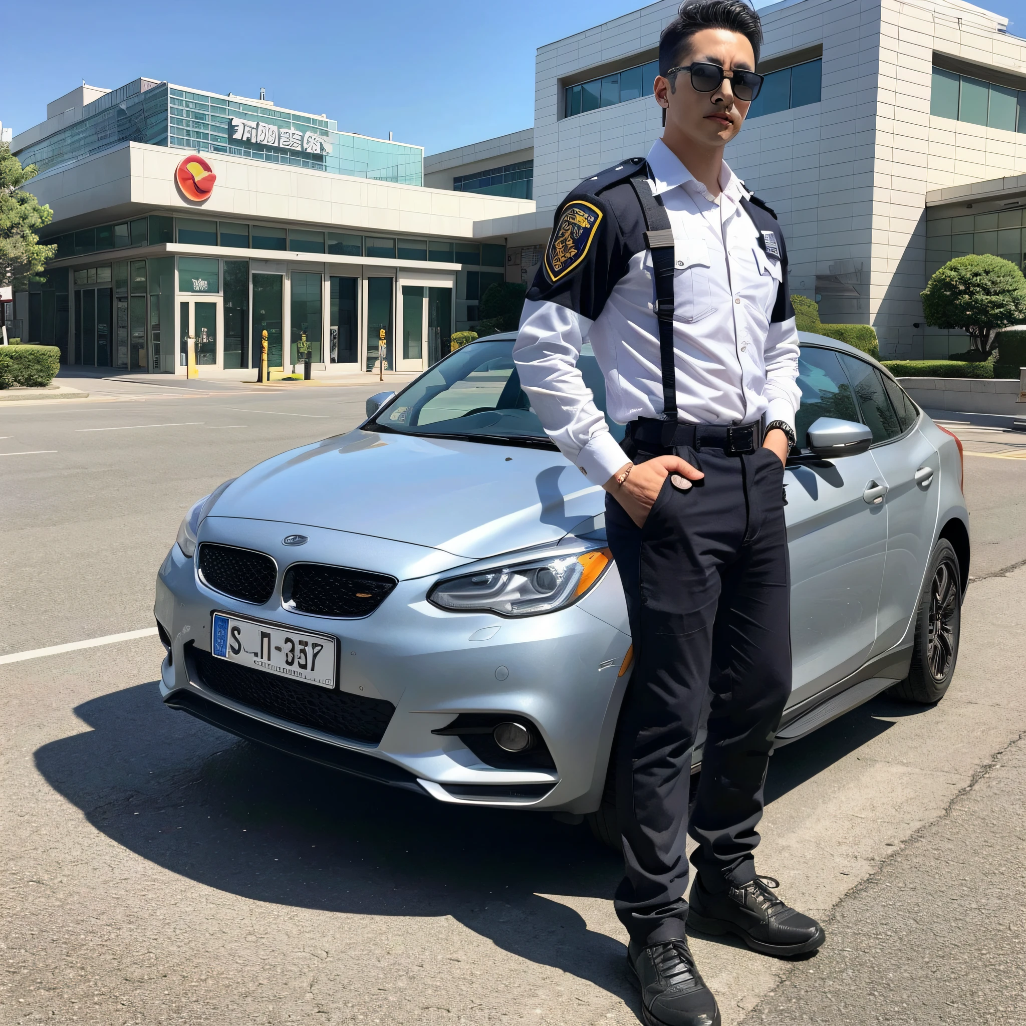 Community service portrait photo, ordinary male security guard wearing sunglasses in Asian Chinese, hyper-realistic and real --auto --s2