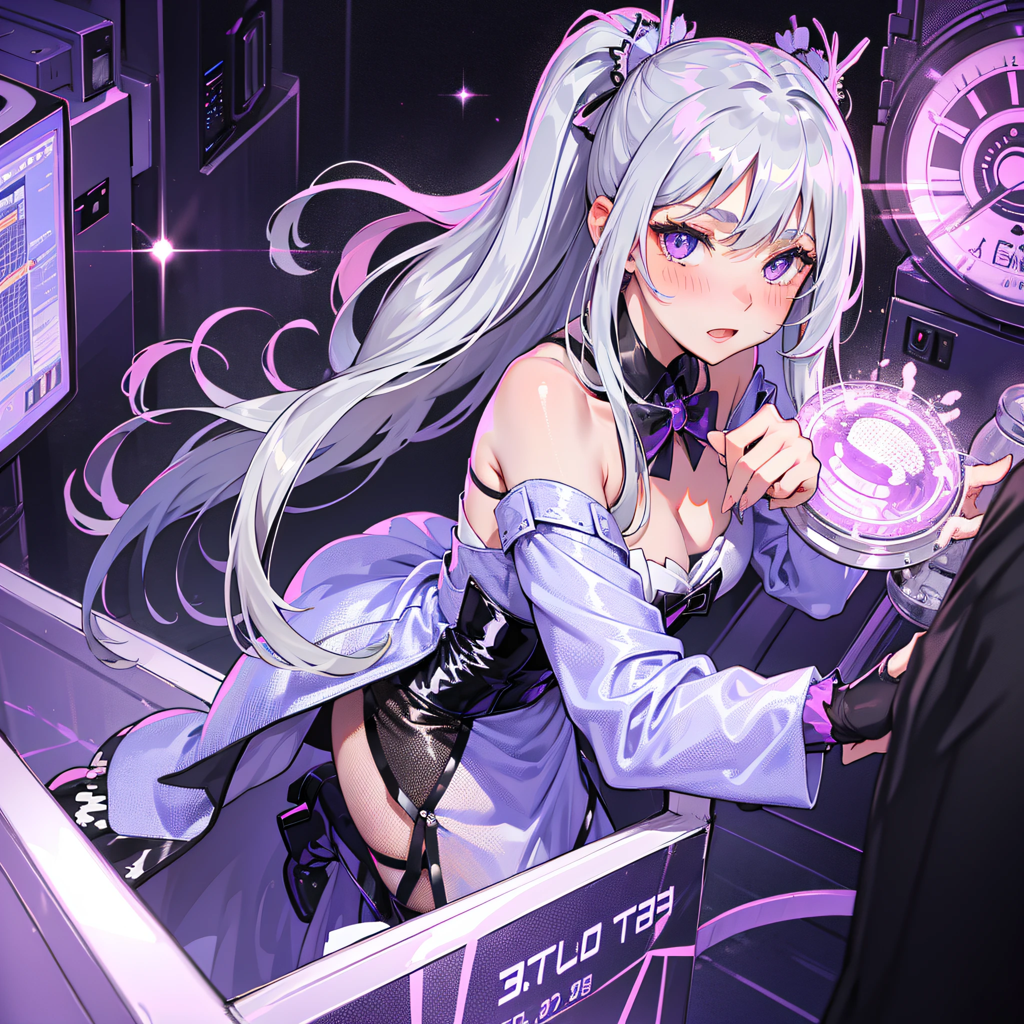 Gray hair, semi-long hair, purple eyes, shining eyes, fishnet stockings, blush, mature, bunny, casino
