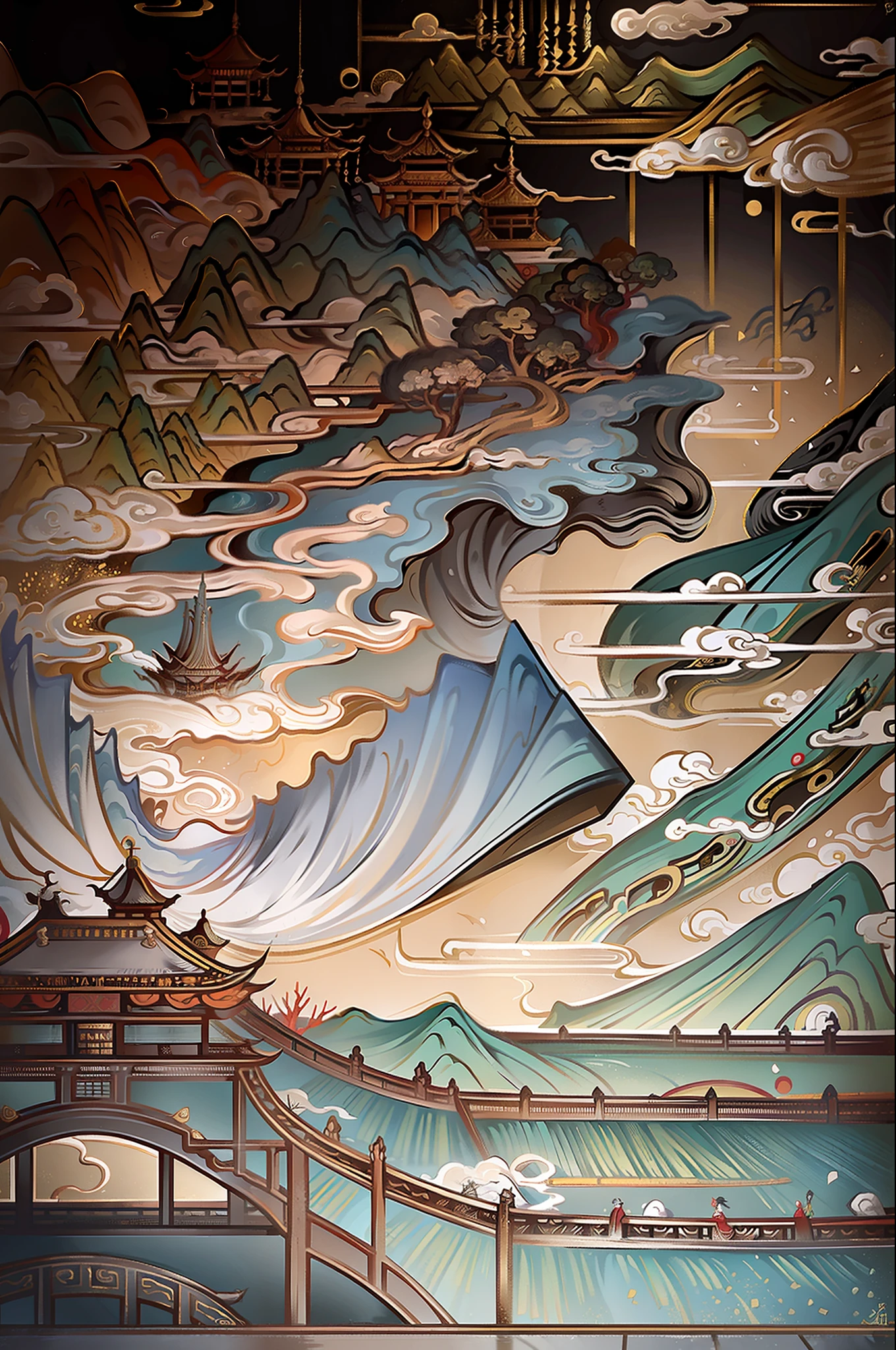 An ancient Chinese painting, ancient Chinese background, mountains, rivers, auspicious clouds, pavilions, sunshine, masterpieces, super detail, epic composition, ultra HD, high quality, extremely detailed, official art, unified 8k wallpaper, Super detail, 32k -- v 6