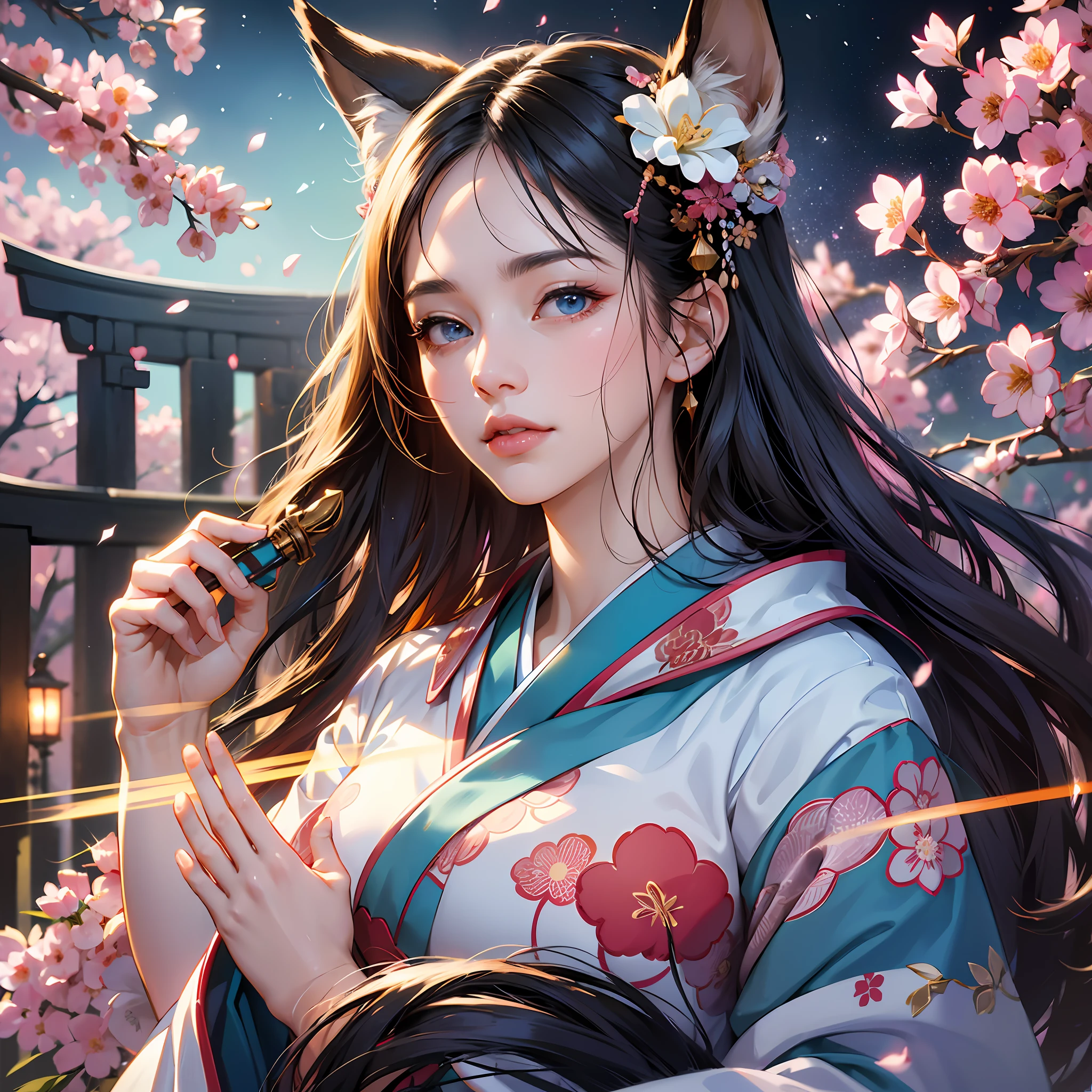 (absurdres, highres, ultra detailed), close-up of face, emphasis on face, focus on face, one woman, mature woman, aged, long straight hair, shiny beautiful hair, blue eyes, bangs, long sleeves, finely drawn eyes and detailed face, eye highlights, hands without breaks, rich lighting, pale pink lips, highly detailed CG unified 8K wallpaper, realistic, smooth skin, intricate details, portrait, gazing, solo, half shot, finely drawn face, soft smile, dynamic pose, classical period, (Ancient Japanese Subject: 1.1), Japan Mythology, Fox Ears, Japanese, Ruler, Blue Kimono, Floral Kimono, Ancient Themes, (Prosperous Civilization: 1.1), Moon in Background, (Immaculate: 1.1) Shrine, Torii Gate, Japanese Landscape, Old City in Background, Fox Mask, Fantastic, Dreamy, Romantic, Light Dancing, Lantern, Austerity, Night, Darkness, Stars, Portrait, Cinematic Lighting, floral hairpiece, having a date, cherry blossom --auto --s2