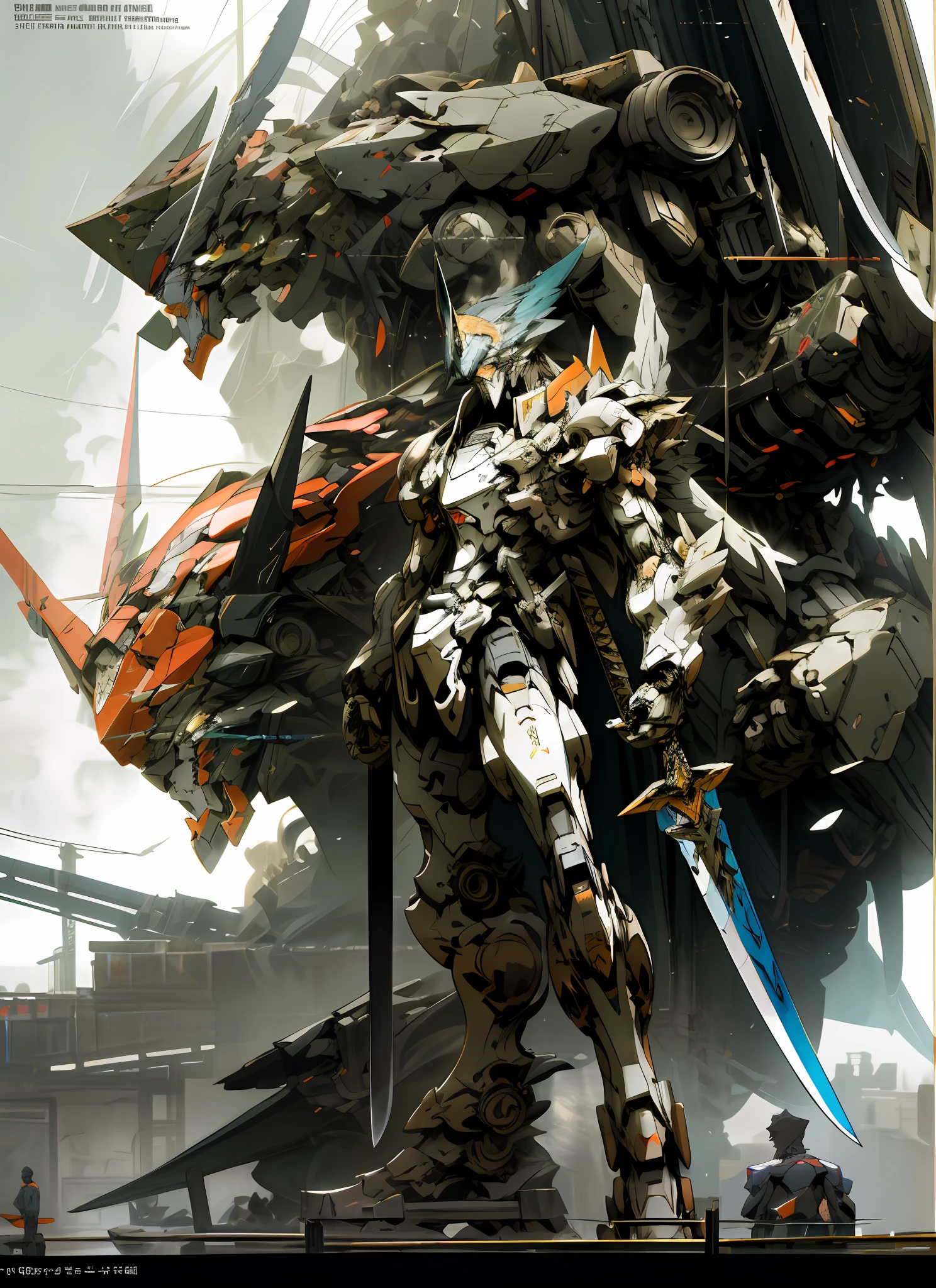 anime character with a large sword and a large bird on his back, style of raymond swanland, zone of enders, high quality digital concept art, craig mullins style, anime concept hdr anime macmanus, cool mecha style, krenz cushart and artem demura, inspired by Raymond Swanland, advanced digital anime art, modern mecha anime