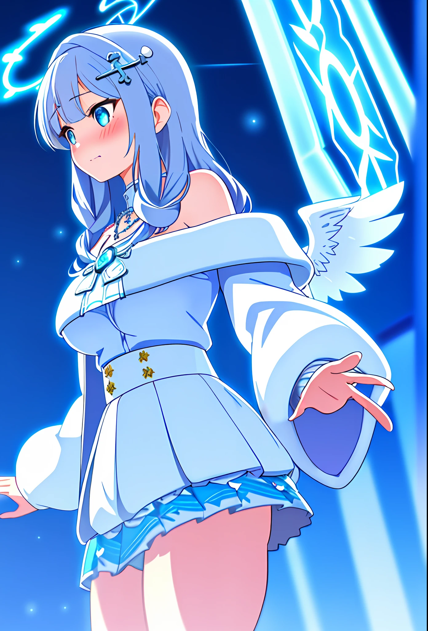 (sunaookami shiroko:1.2), {{{{masterpiece, extremely detailed, intricate details, soft focus, 8K, highres, depth of field, absurdres, high quality facial shadowing, dynamic shadowing, extreme shaders, cinematic lighting, perfect lighting, soft lighting, hazy lighting, blurry foreground, lens flare}}}}, best quality, asian qualities, {front view}, (solo:1.2), (beautiful young girl:1.3), high school girl, {{{extremely detailed girl, perfect anatomy, perfect body}}}, (detailed neon angel halo:1.4), bright blue double halo, (beautiful-detailed hair:1.3), dark silver hair, luscious curly hair, (hair splayed out:1.2), beautiful-detailed facial structure, detailed beautiful face:1.3, sexy face, cute face, slender facial structure, (detailed face:1.33), (beautiful-detailed eyes:0.7), big eyes, (detailed eyes:1.2), glowing bright blue eyes, cat eyes, silver cat ears, (detailed boobs:1.3), small size boobs, (detailed facial expression:1.1), shy, embarrassed, detailed red blush, slightly open mouth, shy hand gesture, (detailed hair ornament:1.3), (white angel side hair ornament:1.3), (detailed necklace:1.2), (glowing blue cross necklace:1.3), (winter school uniform:1.3), (beautiful-detailed pure white off-shoulder thick fluffy winter jacket:1.3), beautiful-detailed winter blouse, (beautiful-detailed skirt:1.4), white short circle-skirt, winter night, (enhanced background:1.4), snow falling at midnight with clear skies overhead, snow on sidewalks with Christmas lights on tree's surrounded the viewer, (cowboy shot:1.1), hazy photo, (warm photo:1.3)