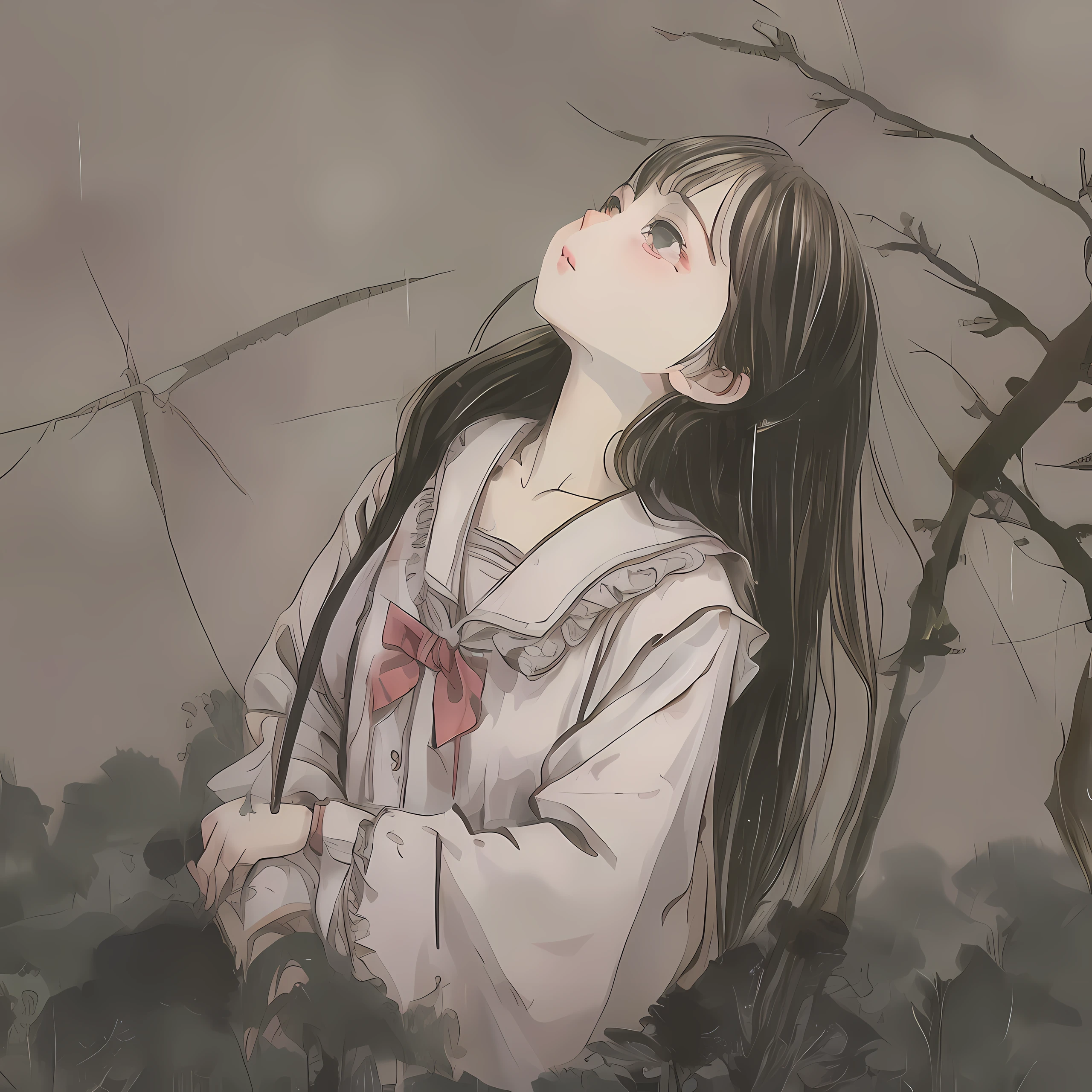 , detailed 1:4, ART anime, Junji Ito style, girl, looking up, confused, rain, morbid environment, --v6