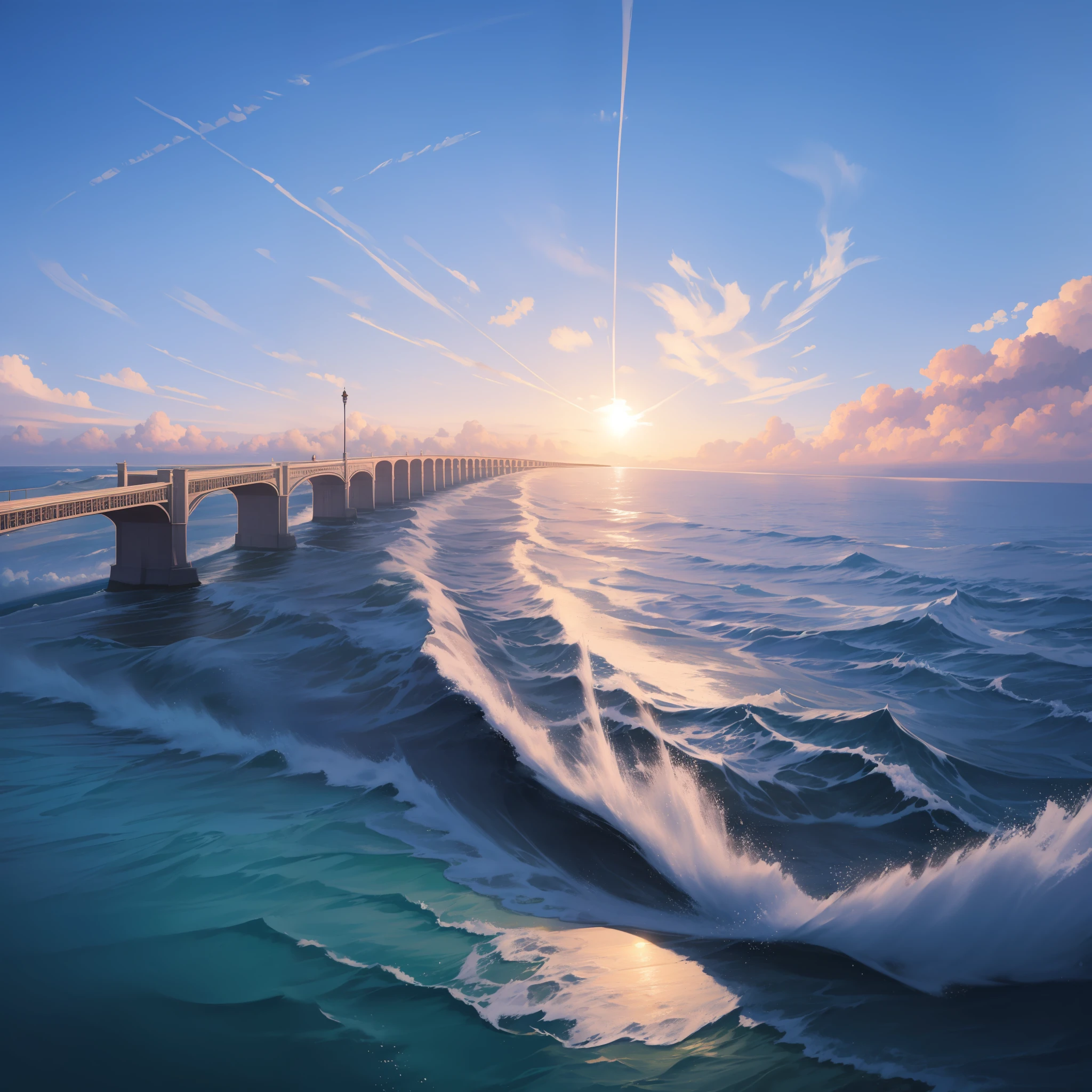 A huge bridge over the sea, a crystal clear sea, big waves, the morning sun --auto --s2