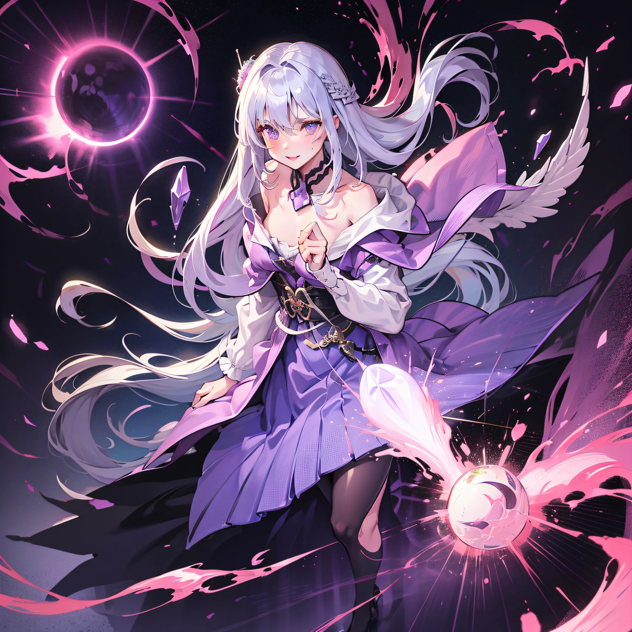 Fighting gray hair, semi-long hair, purple eyes, glowing eyes, skirt, blush, night, mature, recovery wizard, dragon