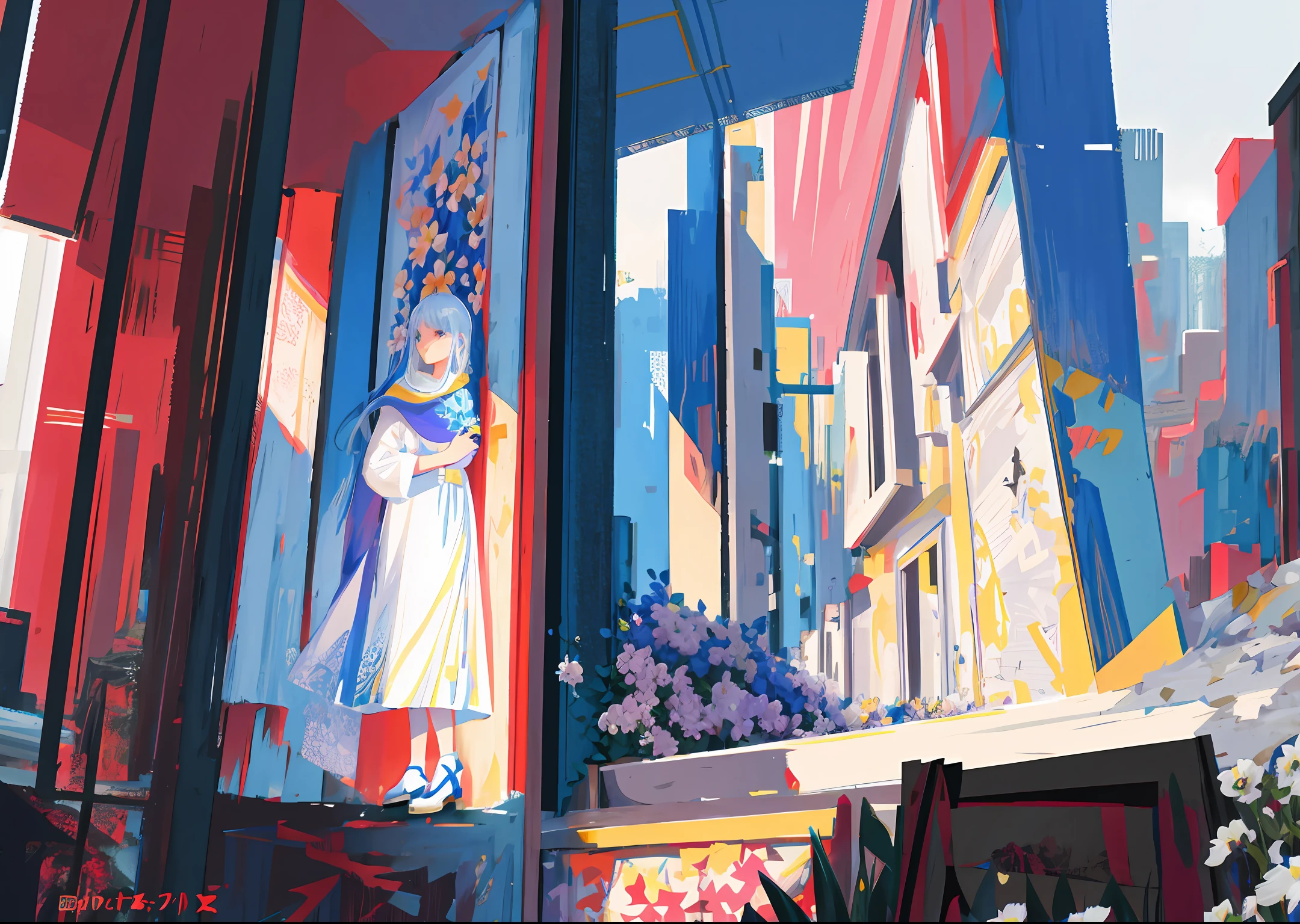 Illustration, Poster Design, Tall Buildings, Blossoming Flowers, Girls, Tall Buildings Sticking Out White Flowers, Graphic Illustration, Super Detailed Details,