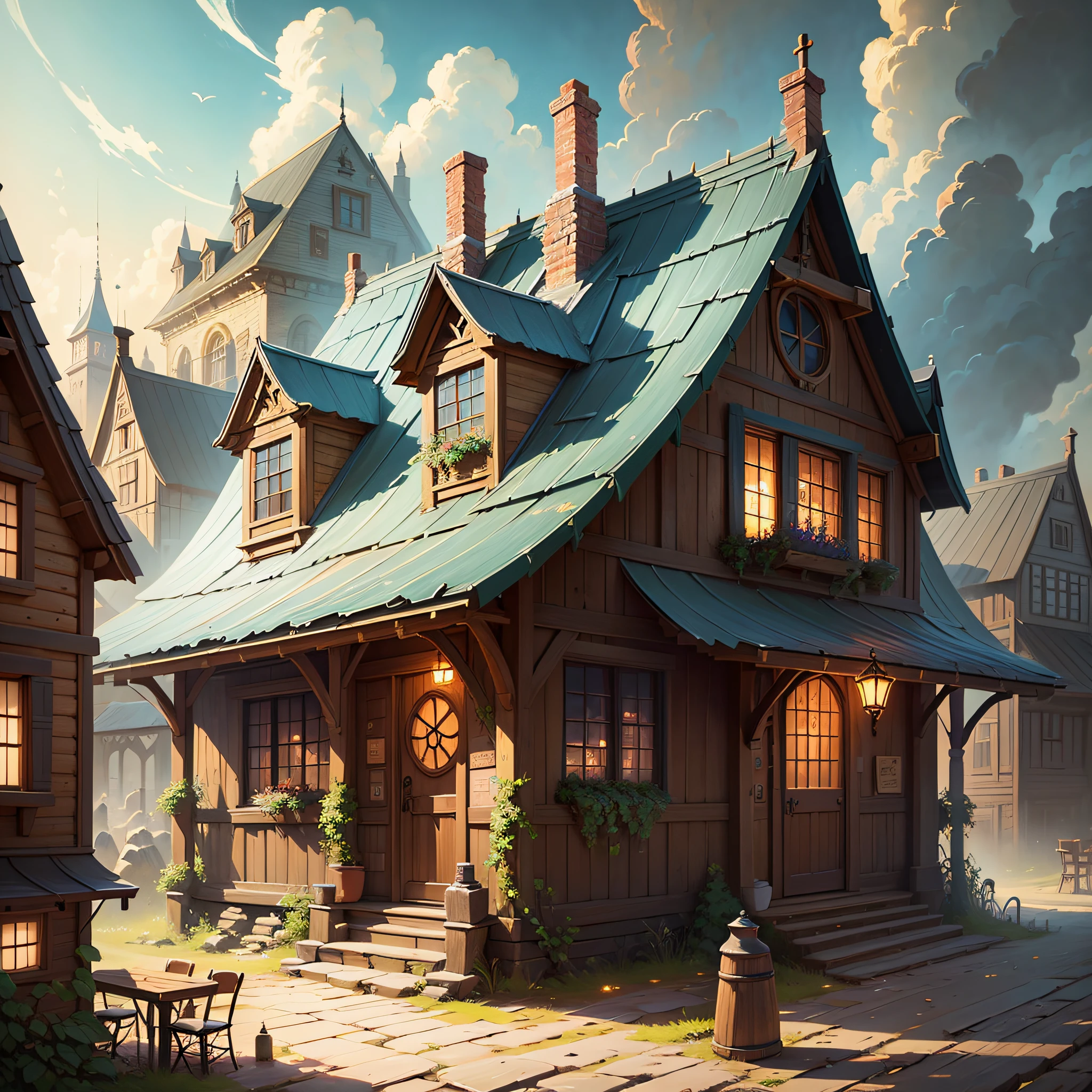 An old Tavern painting, Line Age 2, fantasy, highly detailed digital art in 4K, high quality detailed art in 8k, in the style of Cyril Rolando, detailed fantasy digital art, epic fantasy science fiction illustration, amazing wallpaper, inspired by Gaston Bussiere --auto --s2