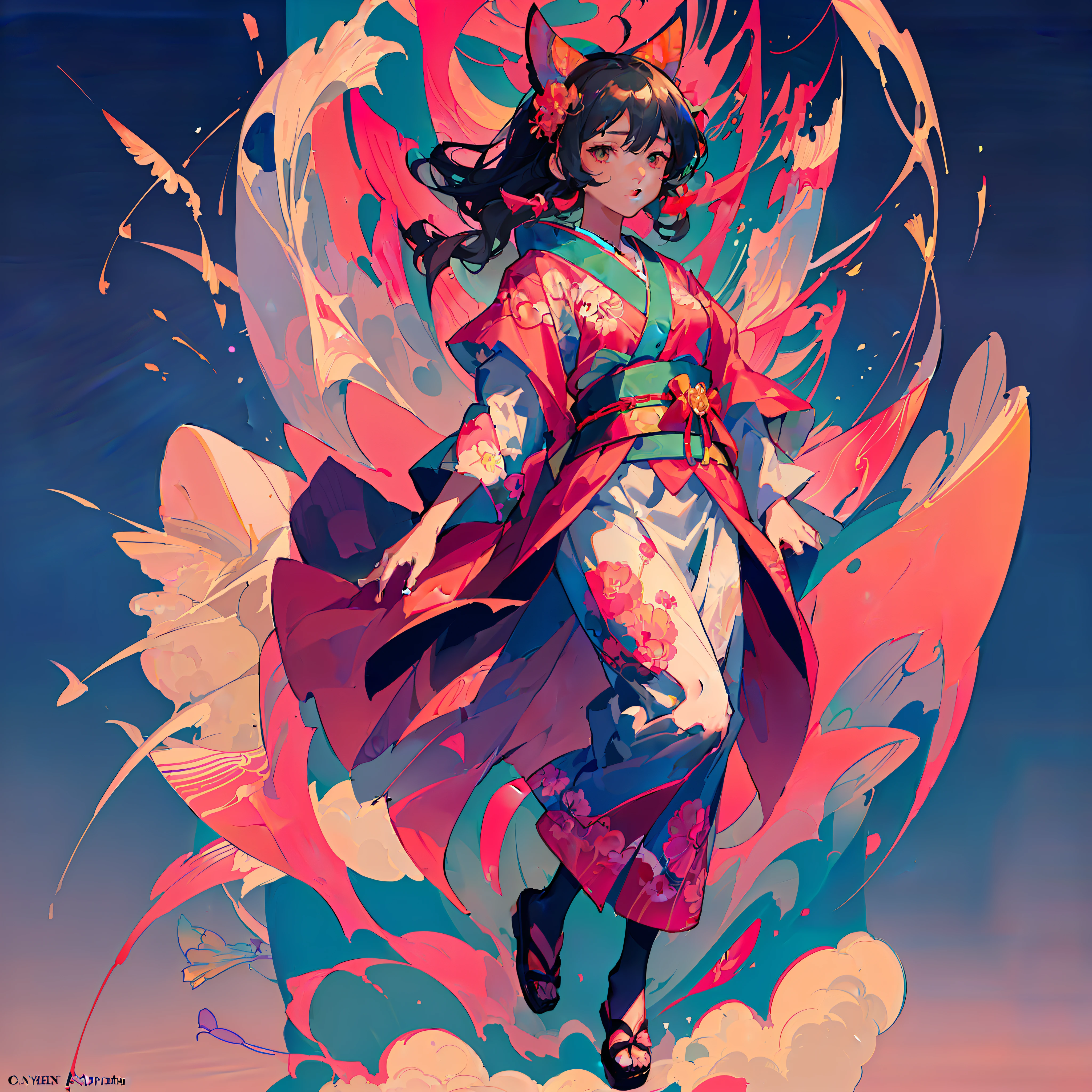 anime girl in kimono outfit flying through the air, jen bartel, alphonse mucha and rossdraws, in the style of sachin teng, ross tran style, a beautiful artwork illustration, sachin teng, artgerm and atey ghailan, digital anime illustration, in the style of ross tran, jc leyendecker and sachin teng, japanese art style, stunning digital illustration