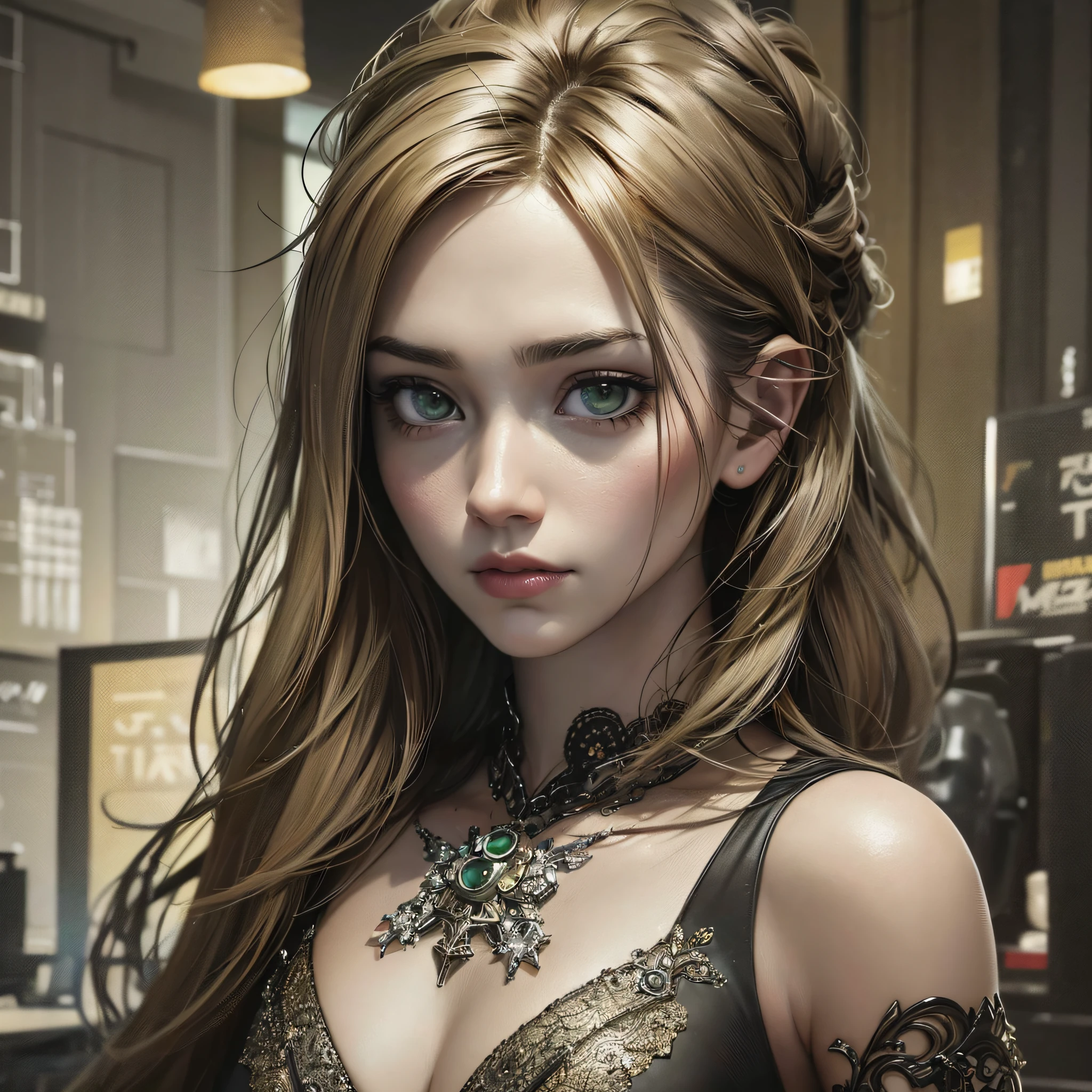 A portrait of a lonely beauty zombie girl alone in a crowd, alabaster skin, grunge suit, gangly background, dubious poses, perfect face, hyper detailed, Dead inside, green eyes, (extremely detailed CG Unity 8K wallpaper), the most beautiful artwork in the world, Atey Ghailan, in the style of Studio Ghibli, by Jeremy Mann, Greg Manchess, Antonio Moro, Intricate, high detail, photorealistic painting art by Midjourney and Greg Rutakowski, matte, Bryan organ, extremely detailed Unity 8K CG wallpaper, high detail, photorealistic painting art by Midjourney and Greg Rutakowski, matte, Bryan organ, extremely detailed Unity 8K CG wallpaper, high detail, photorealistic painting art by Midjourney and Greg Rutzowski, Matte, Bryan organ, extremely detailed CG Unity 8K wallpaper, High detail, photorealistic painting art by Midjourney and Greg Rutakowski, matte, Bryan organ --auto --s2