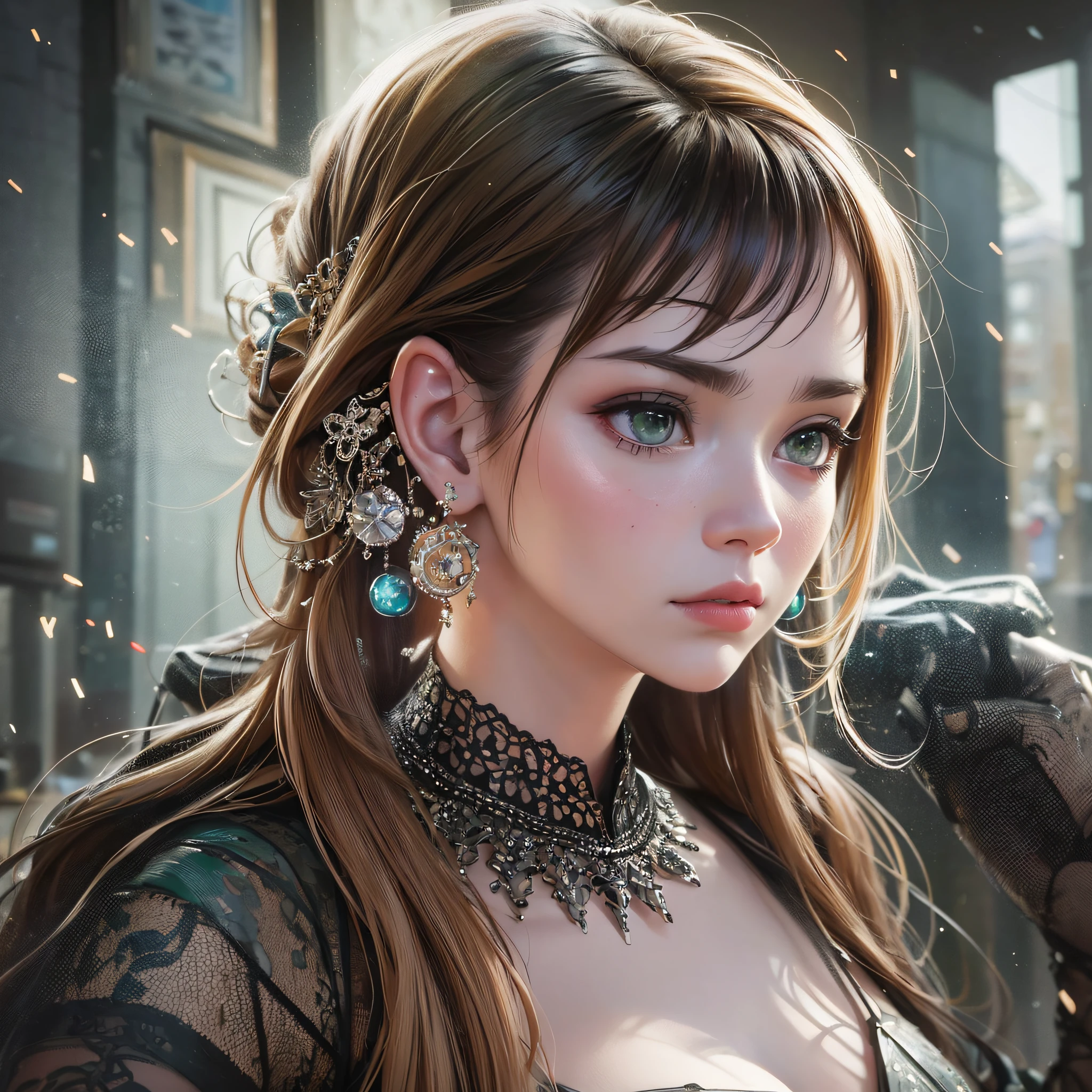 A portrait of a lonely beauty zombie girl alone in a crowd, alabaster skin, grunge suit, gangly background, dubious poses, perfect face, hyper detailed, Dead inside, green eyes, (extremely detailed CG Unity 8K wallpaper), the most beautiful artwork in the world, Atey Ghailan, in the style of Studio Ghibli, by Jeremy Mann, Greg Manchess, Antonio Moro, Intricate, high detail, photorealistic painting art by Midjourney and Greg Rutakowski, matte, Bryan organ, extremely detailed Unity 8K CG wallpaper, high detail, photorealistic painting art by Midjourney and Greg Rutakowski, matte, Bryan organ, extremely detailed Unity 8K CG wallpaper, high detail, photorealistic painting art by Midjourney and Greg Rutzowski, Matte, Bryan organ, extremely detailed CG Unity 8K wallpaper, High detail, photorealistic painting art by Midjourney and Greg Rutakowski, matte, Bryan organ --auto --s2