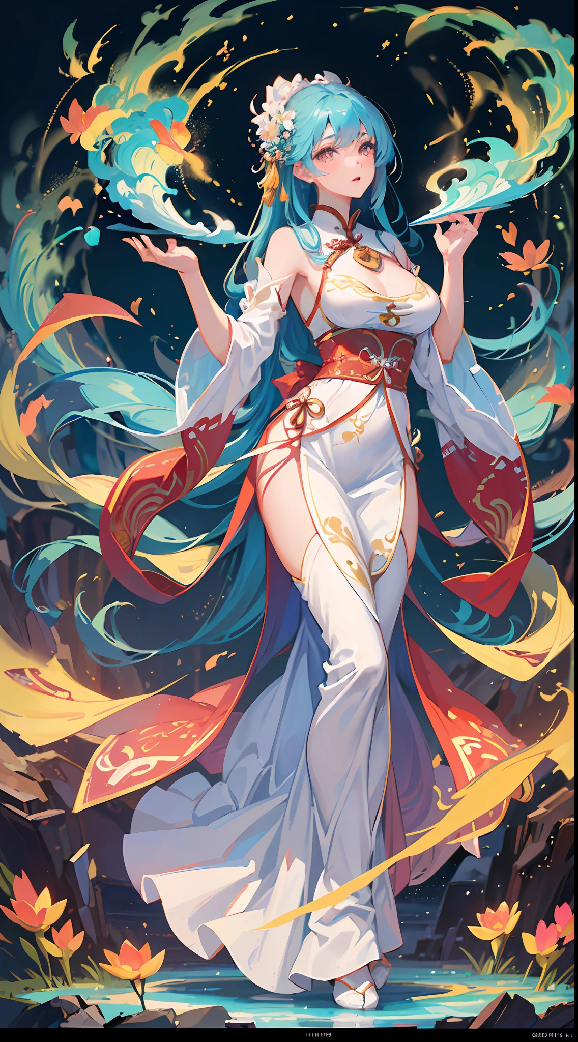 ((High-quality CG, Chinese painting style), (female one), full body picture, a beautiful fairy dancing in the magnificent sky, beautiful and gorgeous posture, beautiful appearance like a flower, dressed in gorgeous clothes, like the first bloom of snow lotus, eyes shining with happiness, full of light, brilliant magic array surrounding, containing oriental aesthetics, gorgeous fairy clothes, exquisite posture, long hair like a waterfall, white light flashing, dreamy clouds. --auto --s2