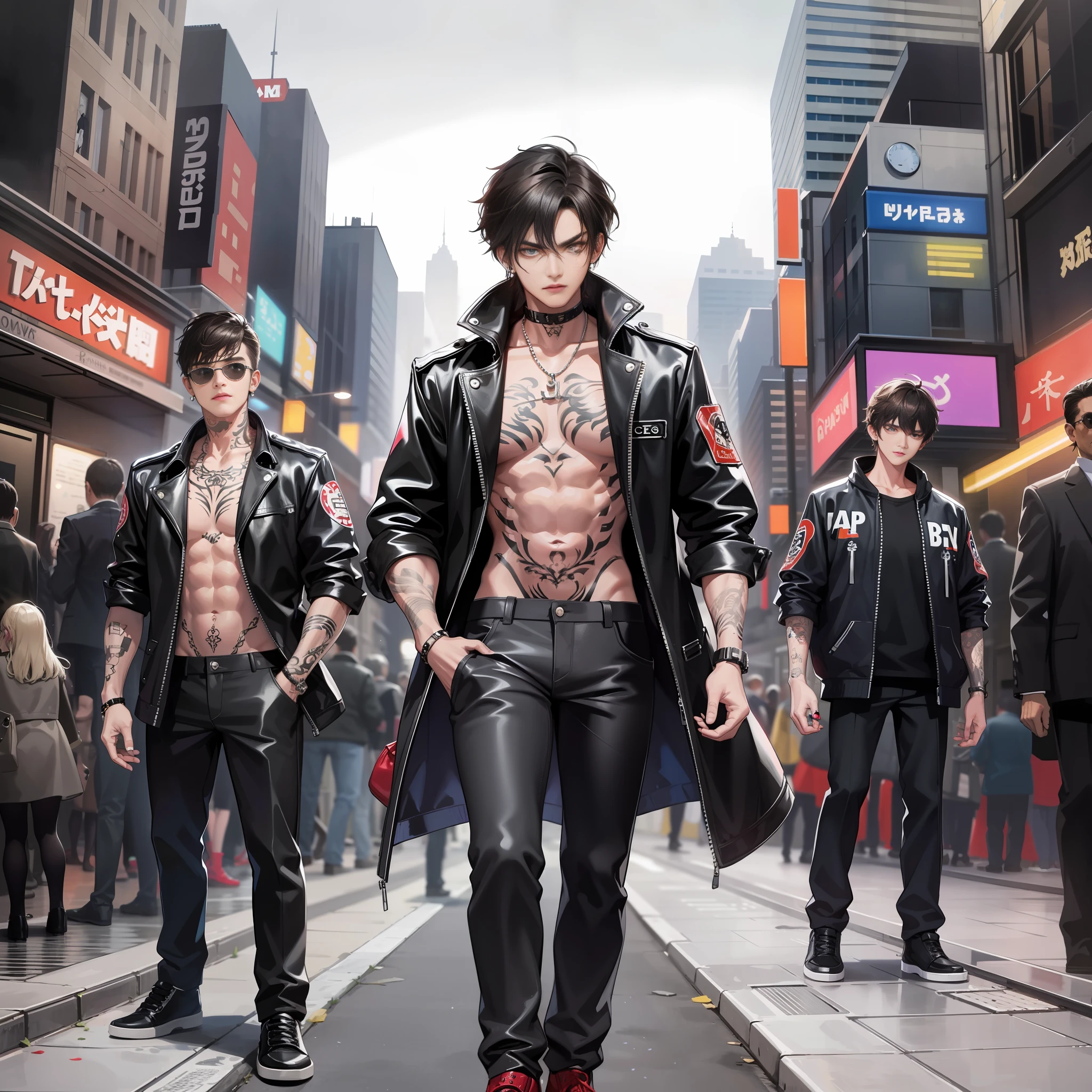 A bunch of bad boys, night streets, tattoos, fierce,