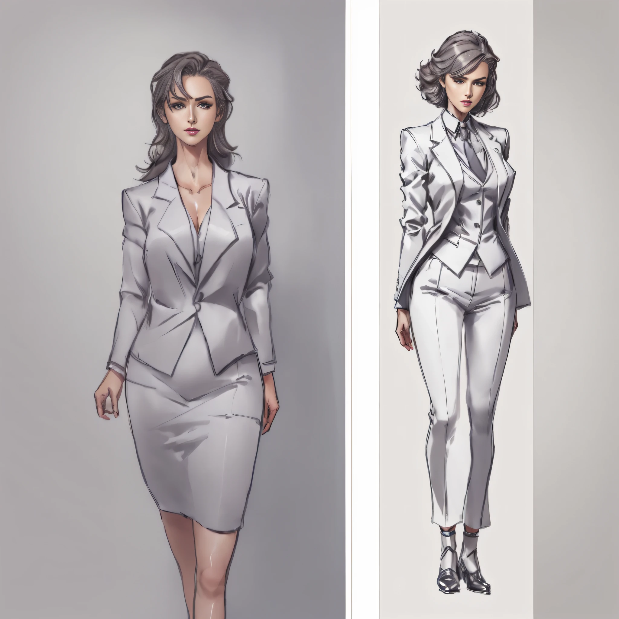 a drawing of a woman in a dress and jacket, girl in a suit, clear outfit design, unrealistic character concept, girl in suit, stylized portrait formal pose, realistic character concept, realistic proportions sfw, clothing concept, !!full body portrait!!, standing elegant pose, full body grayscale drawing, character full body portrait, female lead character, full body concept