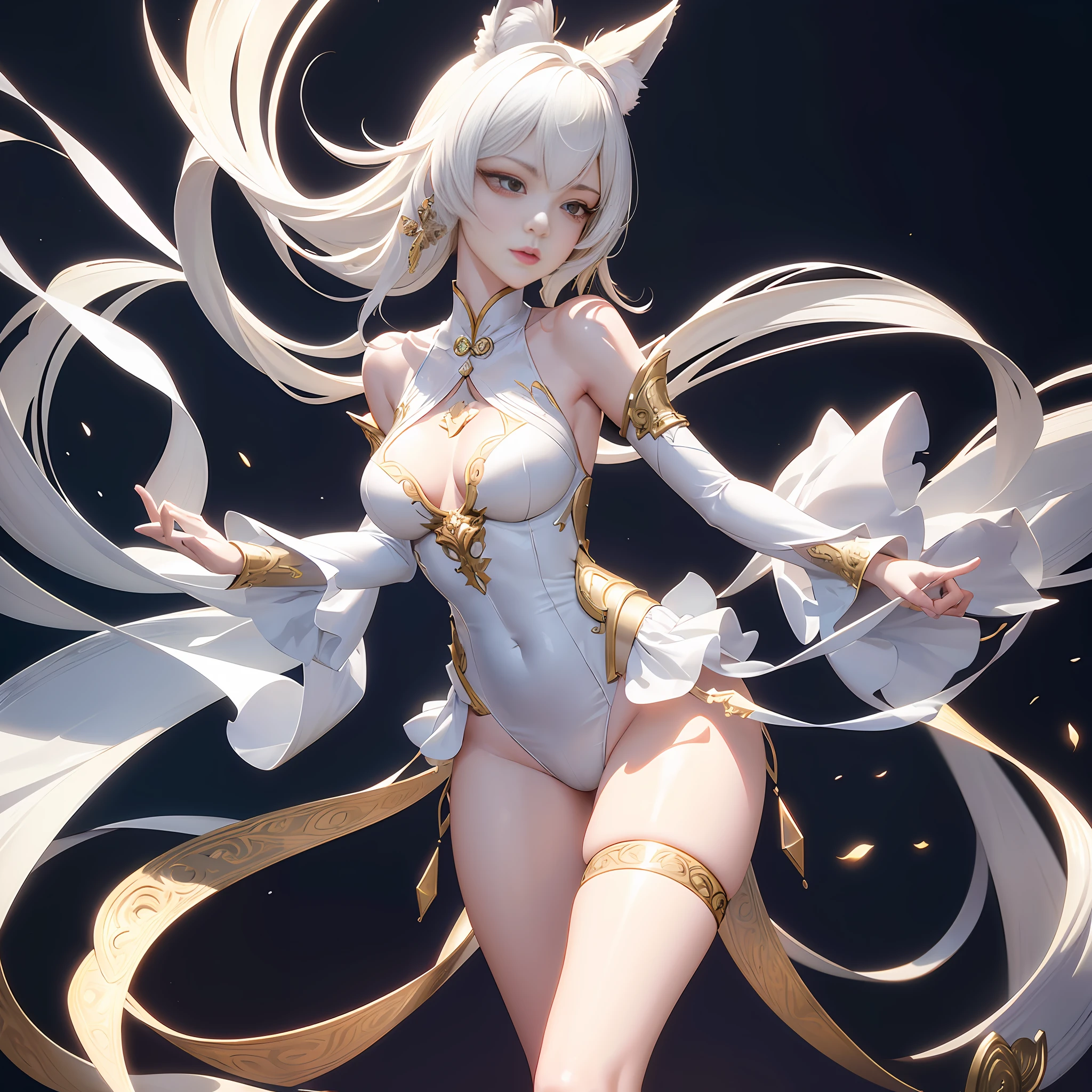 Korean, masterpiece, best quality, high quality, extremely detailed CG unity 8k wallpaper, (realistic, Photo real: 1.3), (RAW photo: 1.2), Woman body set medium breasts, exposed breasts, full and natural breasts, crisp breasts, tender white complexion, straight buttocks, (transparent tong), surreal, 8K, original photo, film grain, super high resolution, super detail, tall, very clear face, slender long legs, a pair of snow-white slender beautiful legs, like ivory carved jade legs, perfect proportion and length, stunning face, melon seed face, qiong nose cherry lips, eyebrows picturesque, amorous, charming, slender and slender waist, close-up of a woman in gold and white clothing, super detailed rendering, 3 D rendering character art 8 K, complex white and gold armor, full samurai armor fox, high detail iconic character, 8K rendering, octane rendering, octane rendering, super detail octane rendering, super detailed octane rendering, super detailed 3 d rendering, futuristic style fox demon --auto --s2