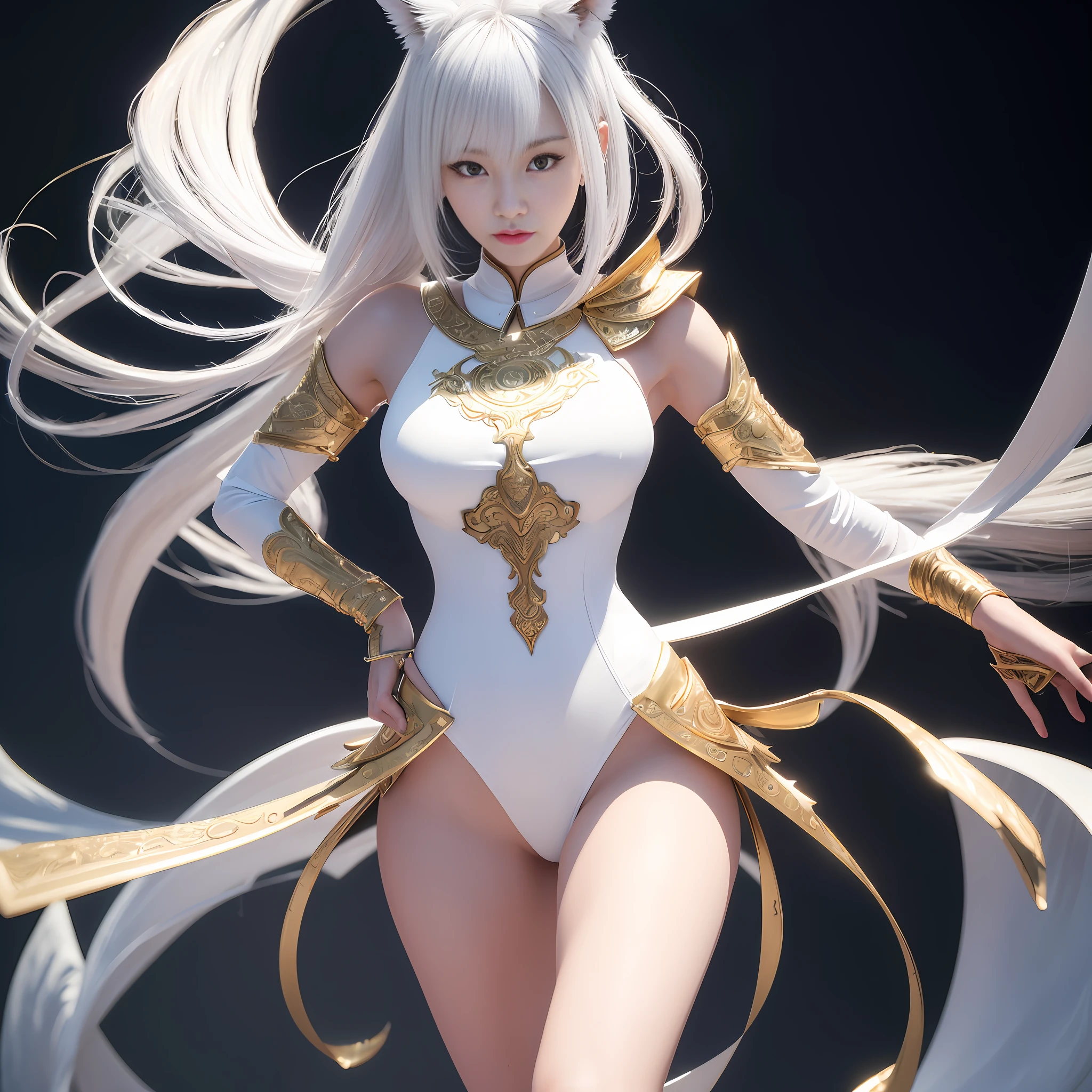 Korean, masterpiece, best quality, high quality, extremely detailed CG unity 8k wallpaper, (realistic, Photo real: 1.3), (RAW photo: 1.2), Woman body set medium breasts, exposed breasts, full and natural breasts, crisp breasts, tender white complexion, straight buttocks, (transparent tong), surreal, 8K, original photo, film grain, super high resolution, super detail, tall, very clear face, slender long legs, a pair of snow-white slender beautiful legs, like ivory carved jade legs, perfect proportion and length, stunning face, melon seed face, qiong nose cherry lips, eyebrows picturesque, amorous, charming, slender and slender waist, close-up of a woman in gold and white clothing, super detailed rendering, 3 D rendering character art 8 K, complex white and gold armor, full samurai armor fox, high detail iconic character, 8K rendering, octane rendering, octane rendering, super detail octane rendering, super detailed octane rendering, super detailed 3 d rendering, futuristic style fox demon --auto --s2